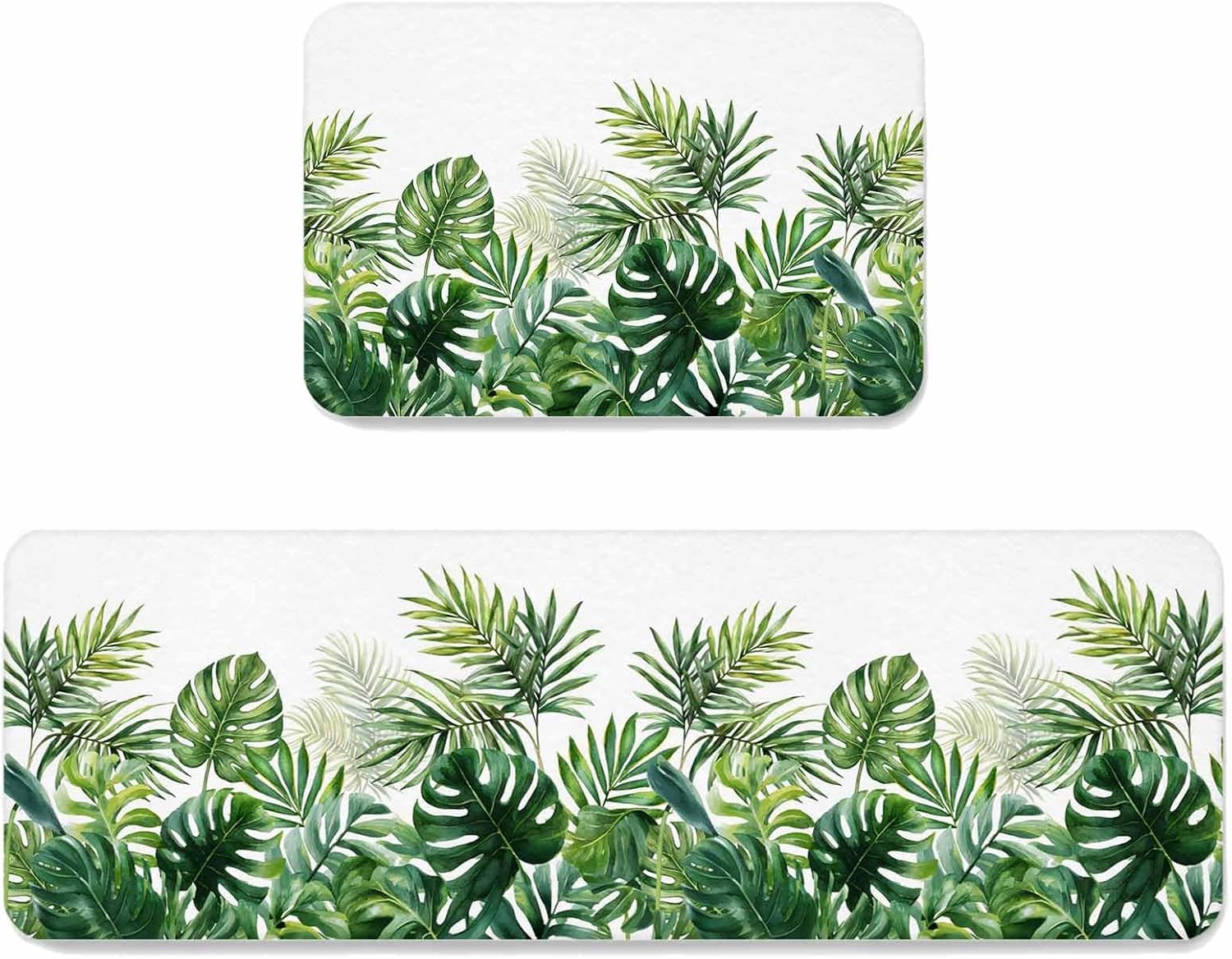 Prime Leader Summer Tropical Leaf Kitchen Mat Set 2 Pieces Country Watercolor Green Plant Leaves Non Slip Kitchen Rugs Washable Runner Rug Mats for Sink Laundry (19.7" x 31.5"+19.7" x 63")