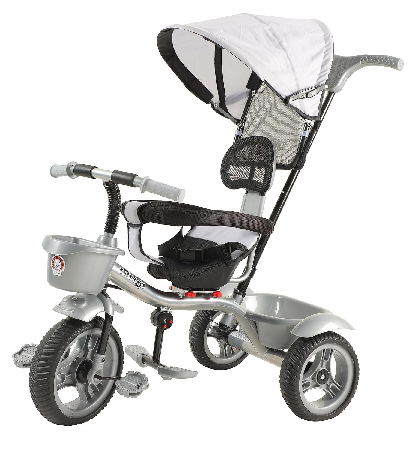JoyRide 3-in-1 Trike Kids Tricycle with Reversible seat, Canopy, Adjustable Push Handle, Parent Control, Foldable footrest (Silver)-image-7
