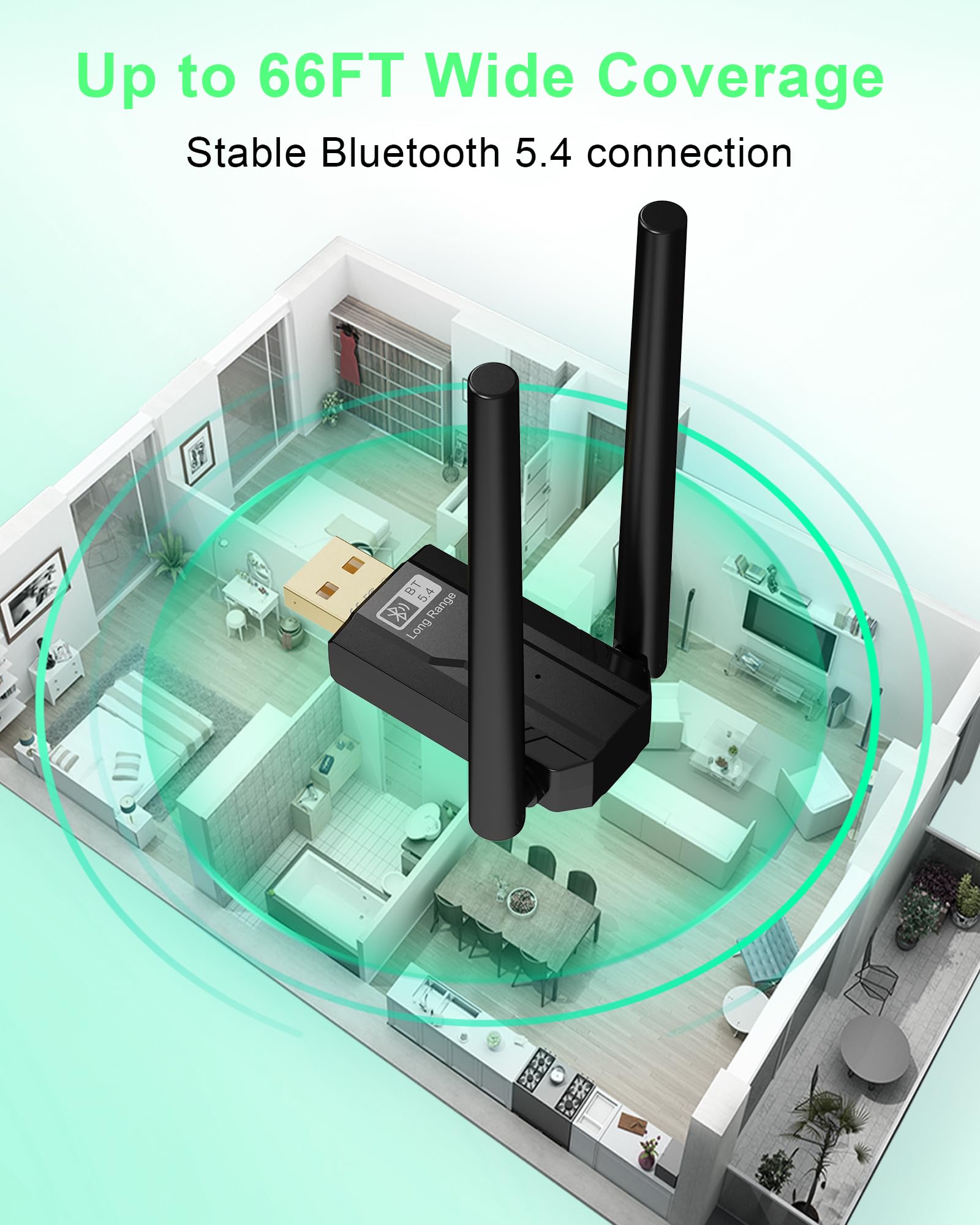 USB Bluetooth Adapter for PC, RENGOGA 5.4 Plug & Play Bluetooth Dongle PC Transmitter & Reciver, EDR & BLE High Gain Antenna 150M Long Range Adapter for PC Windows 11/10/8