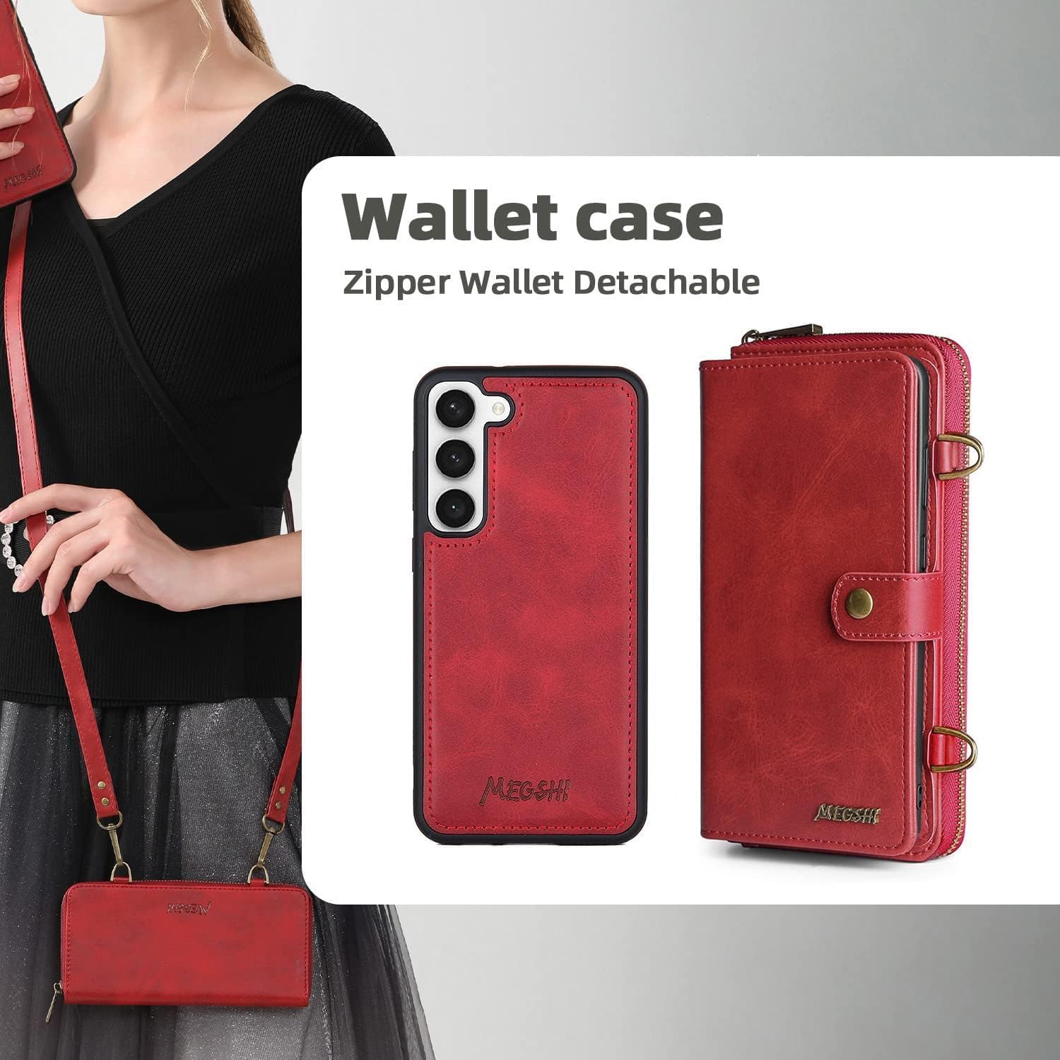 Detachable 2 in 1 Wallet Case for Samsung Galaxy S25 Plus S24+ S25+ 5G with Wrist Strap,Crossbody Shoulder Strap, 9+ Card Slots Zipper Purse,Stand Phone Cover for S25Plus 25S 25+ Red