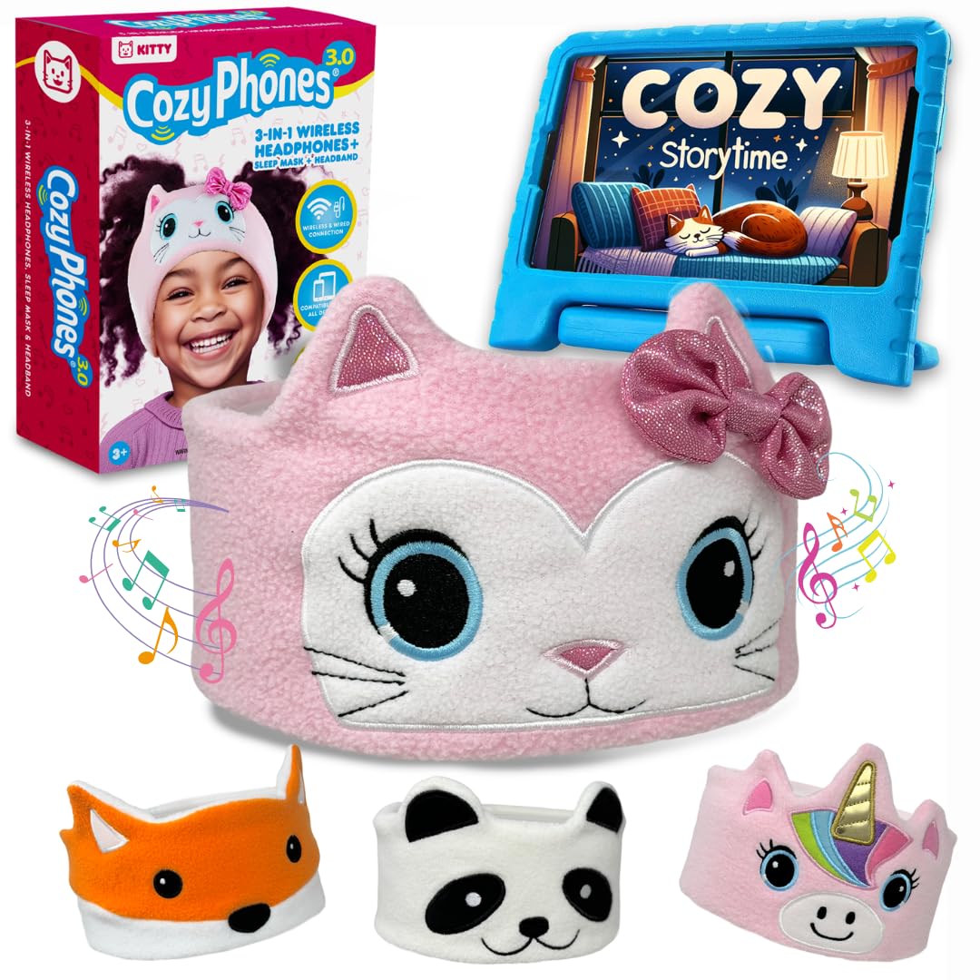 Toddler Headphones Wireless, Kids Bluetooth Earphones, Safe Volume - Wired School Headphones for Kids with 3.5 MM Jack and Travel Bag - Toddler Airplane Accessories for Boys & Girls - Kitty