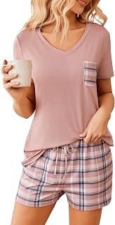 Ekouaer Women's Short Sleeve Pajama Set - Soft V-Neck Lounge PJs with Drawstring Shorts, Comfy Sleepwear