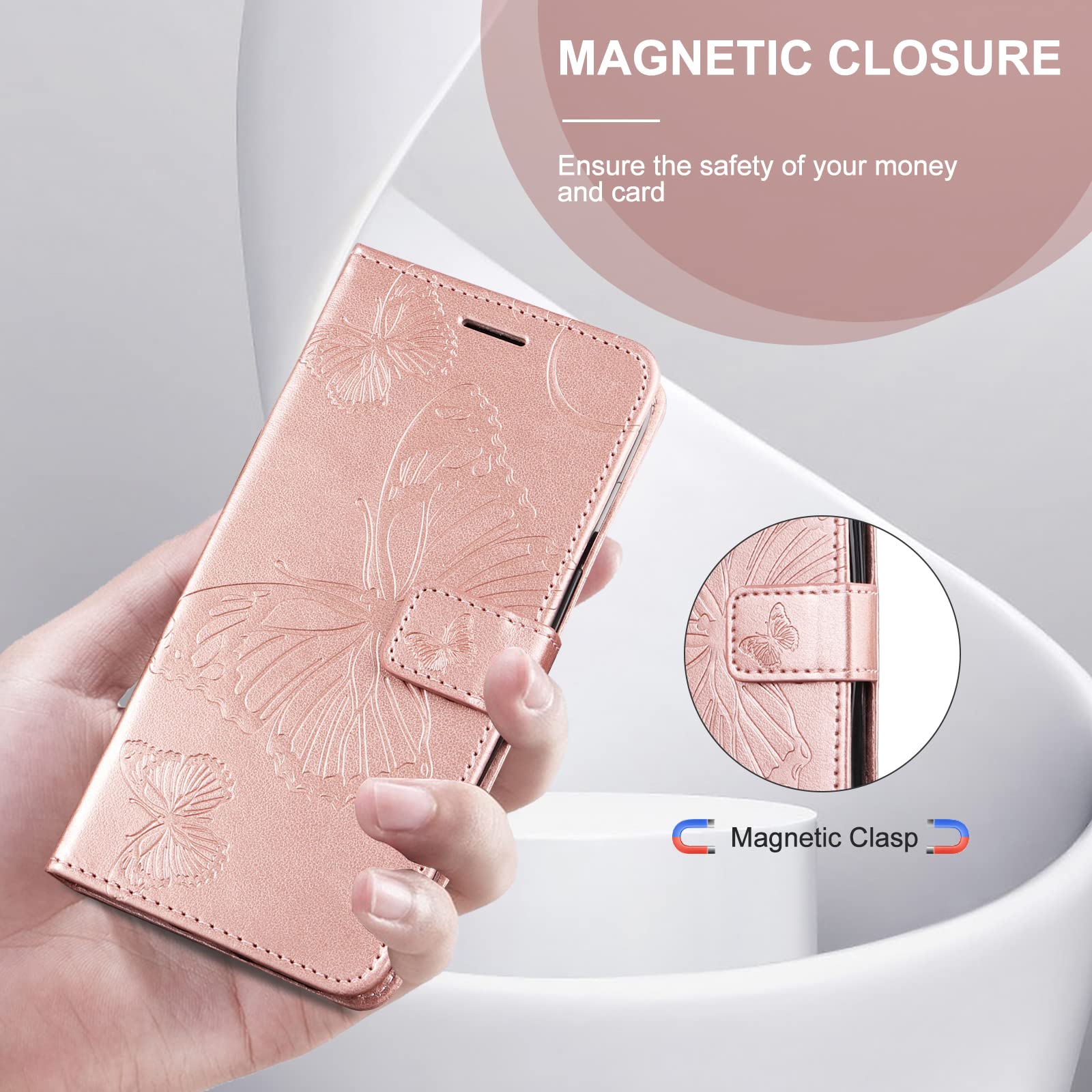 Google Pixel 8 Case, Butterfly Printed PU Leather Magnetic Wallet Case, Flip Case for Google Pixel 8, Rose Gold - 5
