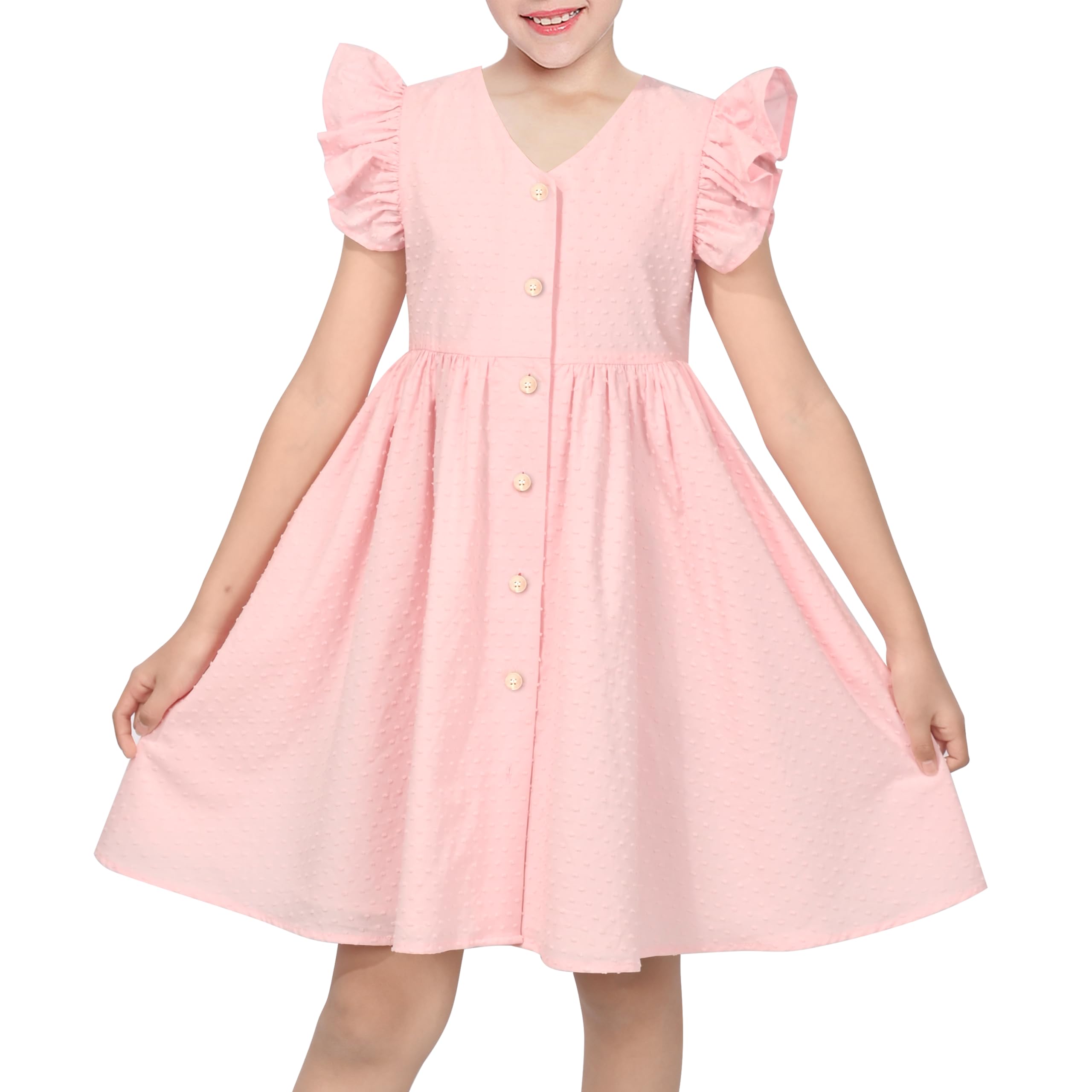 Sunny Fashion Vestido para niña Sonrojo Botón Frontal Punto Suizo Volante Fruncido Manga del Casquillo Cuello en V Boda Verano Casual 6-12 años