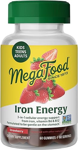 Gomitas de hierro y energía de MegaFood, suplemento de hierro para mujeres, hombres, adolescentes y niños con vitamina B12 y B6, vitaminas, de los