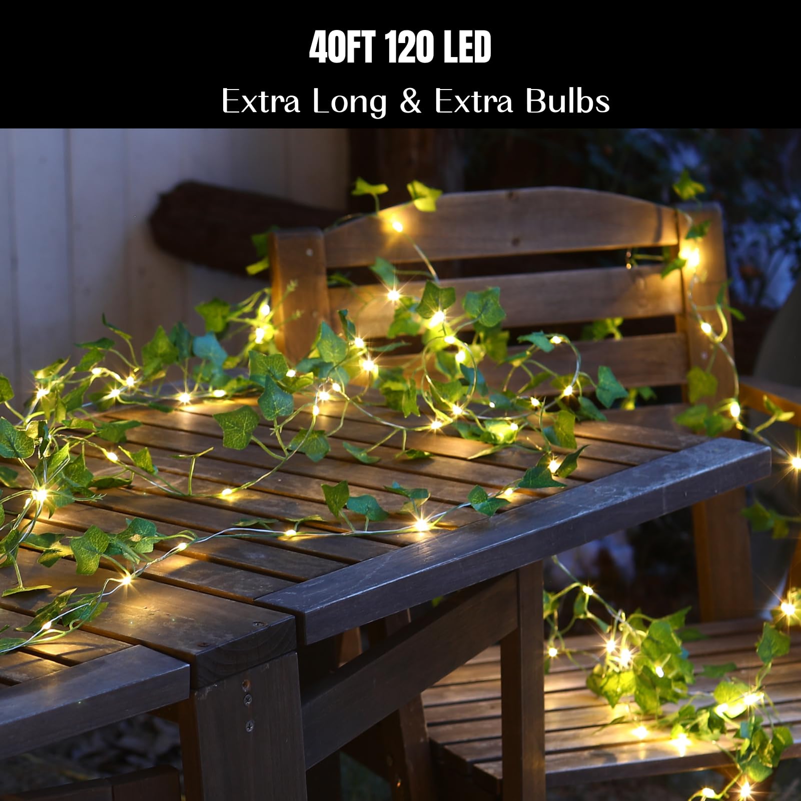 Vine con luces de hadas de 40 pies, 120 luces LED de hiedra con enchufe USB y luces de hoja que funcionan con pilas, con temporizador, 8 modos, luz decorativa remota para dormitorio, boda