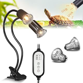 Glowup Heat Lamp Turtles with Cycle Timer, Double Head Heat Lamp Terrarium with 2 x E27 50 W Basking Spot Bulbs, 360° Rotatable E27 Terrarium Warm Lamp for Tortoise, Lizard, Spider, Chlange product image