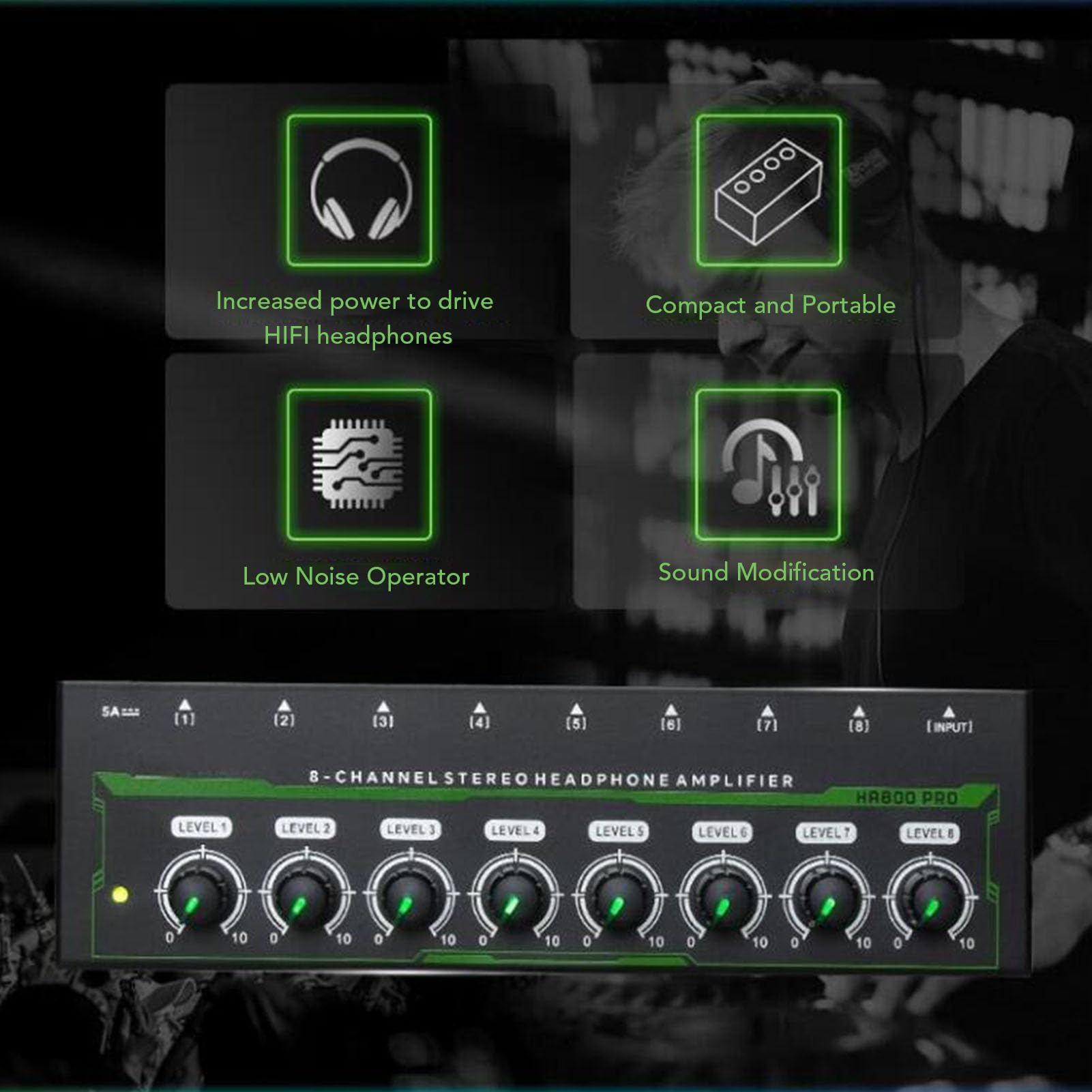 Jectse Amplificatore per Cuffie a 8 Canali, Amplificatore Audio per Cuffie Stereo in Metallo con Jack da 6,35 Mm, Controllo del Volume Multi Porte Splitter per Cuffie per Studi di