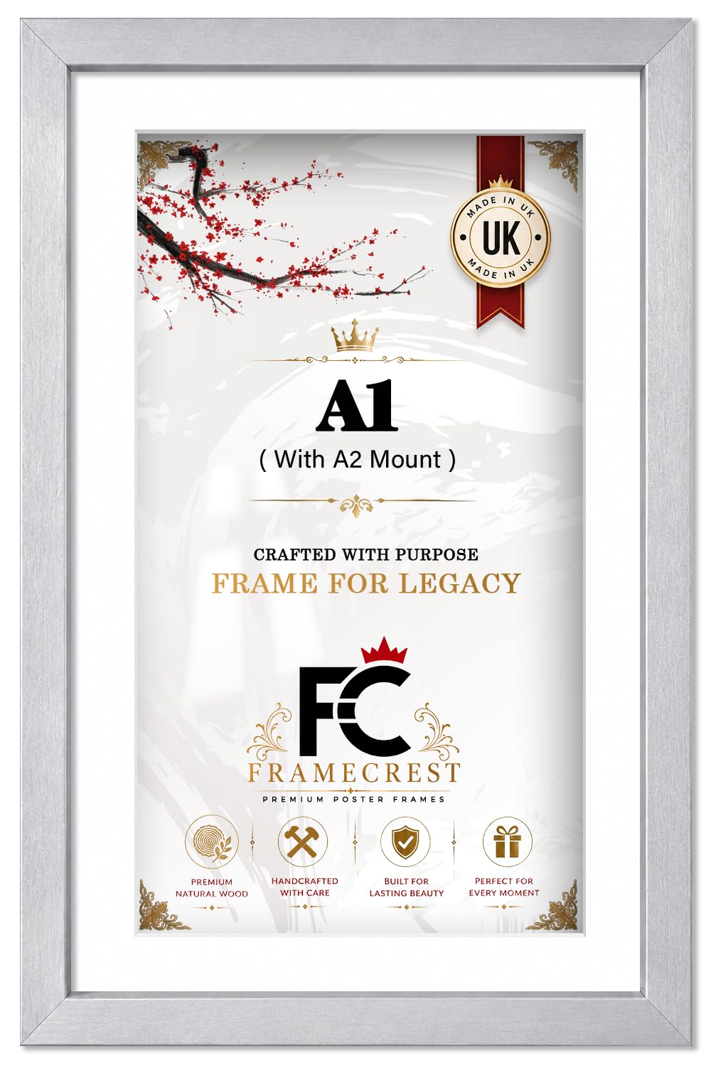 FRAMECREST LTD A1 Picture Frame With A2 Mount And White Mount, Matted Picture Frame For Large Wall Art, Modern Minimalist Poster And Portrait Display, For Office Use, Acrylic Front - [Silver]