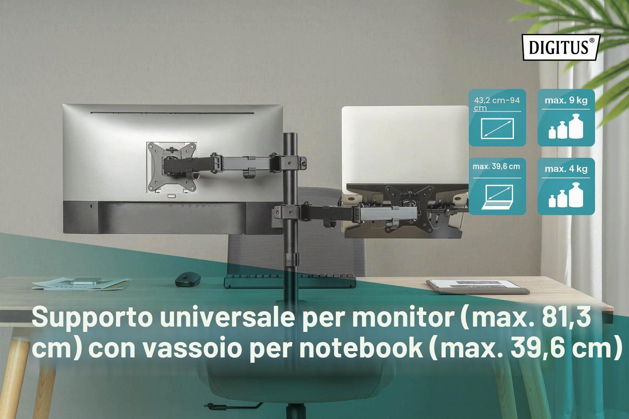 DIGITUS Supporto per monitor - Morsetto da scrivania - Supporto per notebook - 1 monitor - Fino a 32 pollici - VESA 75x75, 100x100 - Nero