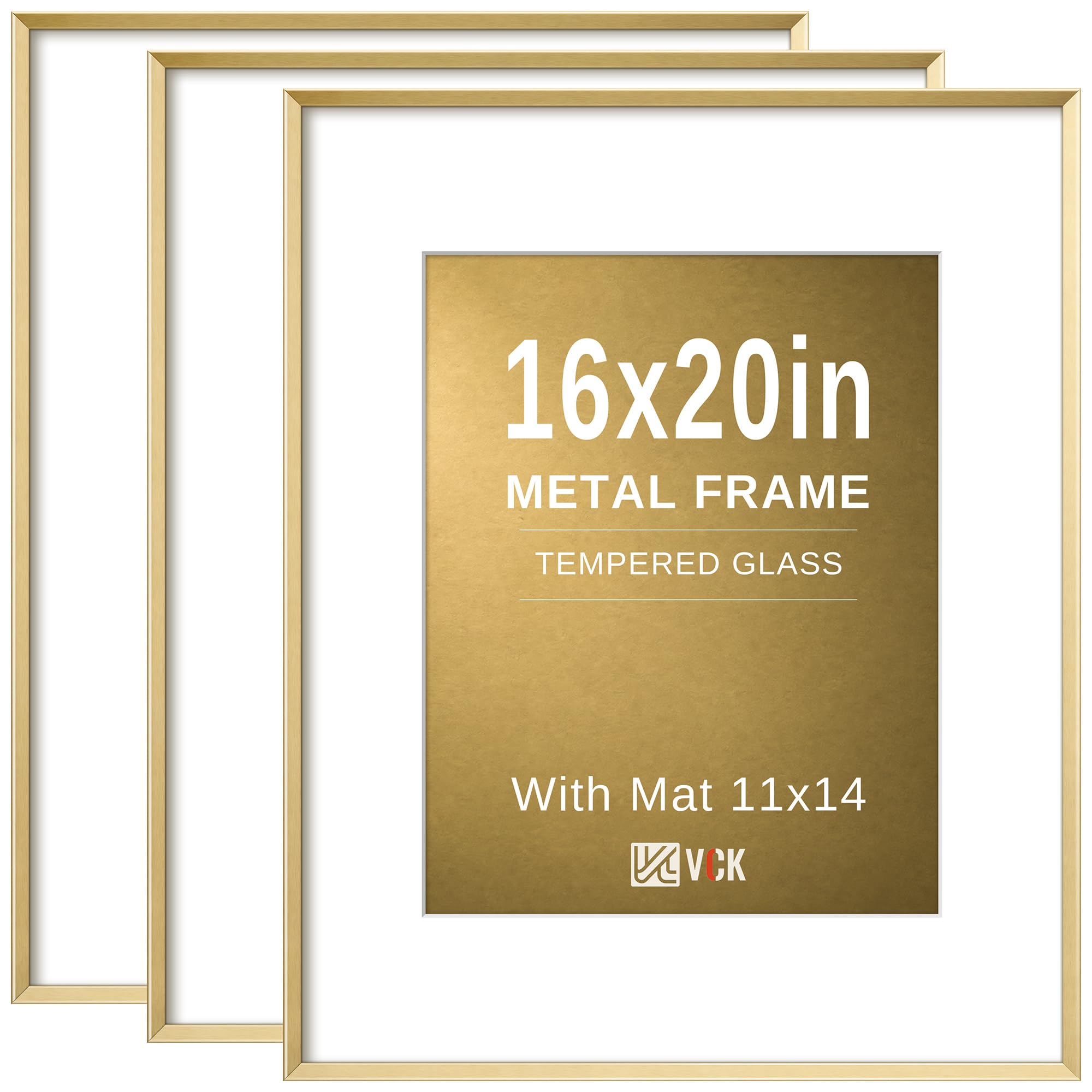 VCK 16x20 Aluminum Picture Frames Gold for Wall, 3 Pack Metal Poster Frame with Real Tempered Glass High Definition, For Photo 11x14 with Mat 16x20 without Mat