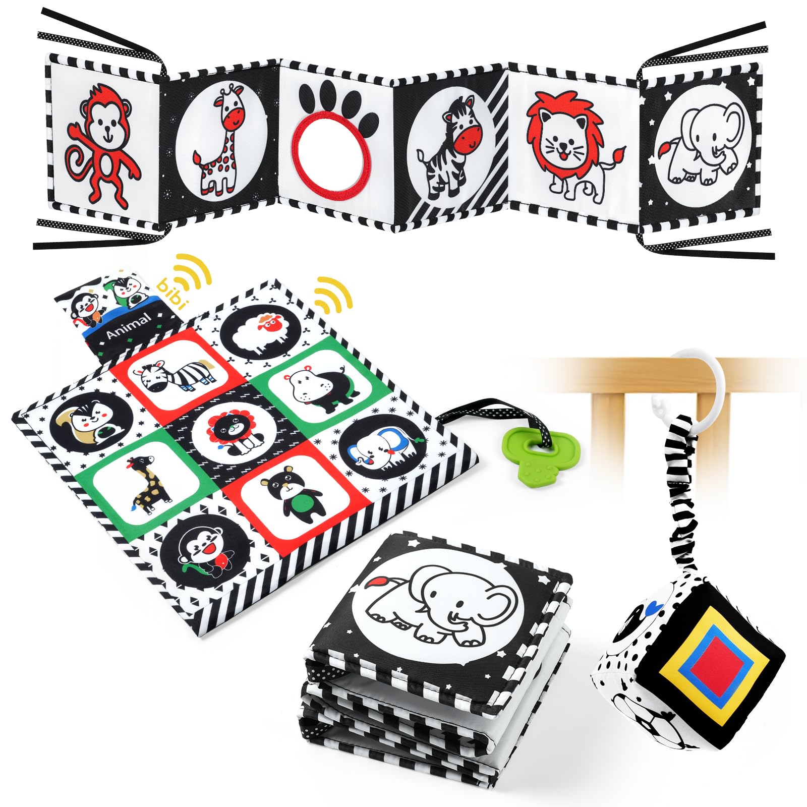 Aolso Baby Black and White Sensory Toys, 3 Pcs High Contrast Baby Toys, Montessori Toys for Babies Sensory Soft Book for Early Education, Infant Tummy Time Toys Baby Rattles Hanging Toys