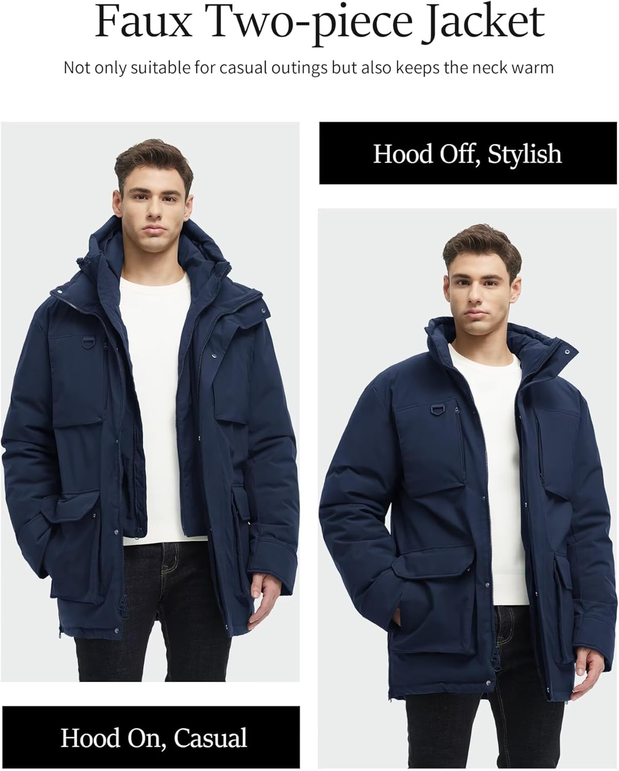Rejork Long Winter Jackets for Men Faux Two-Piece Waterproof Parka Snow Warm Coats with Hood - Image 4