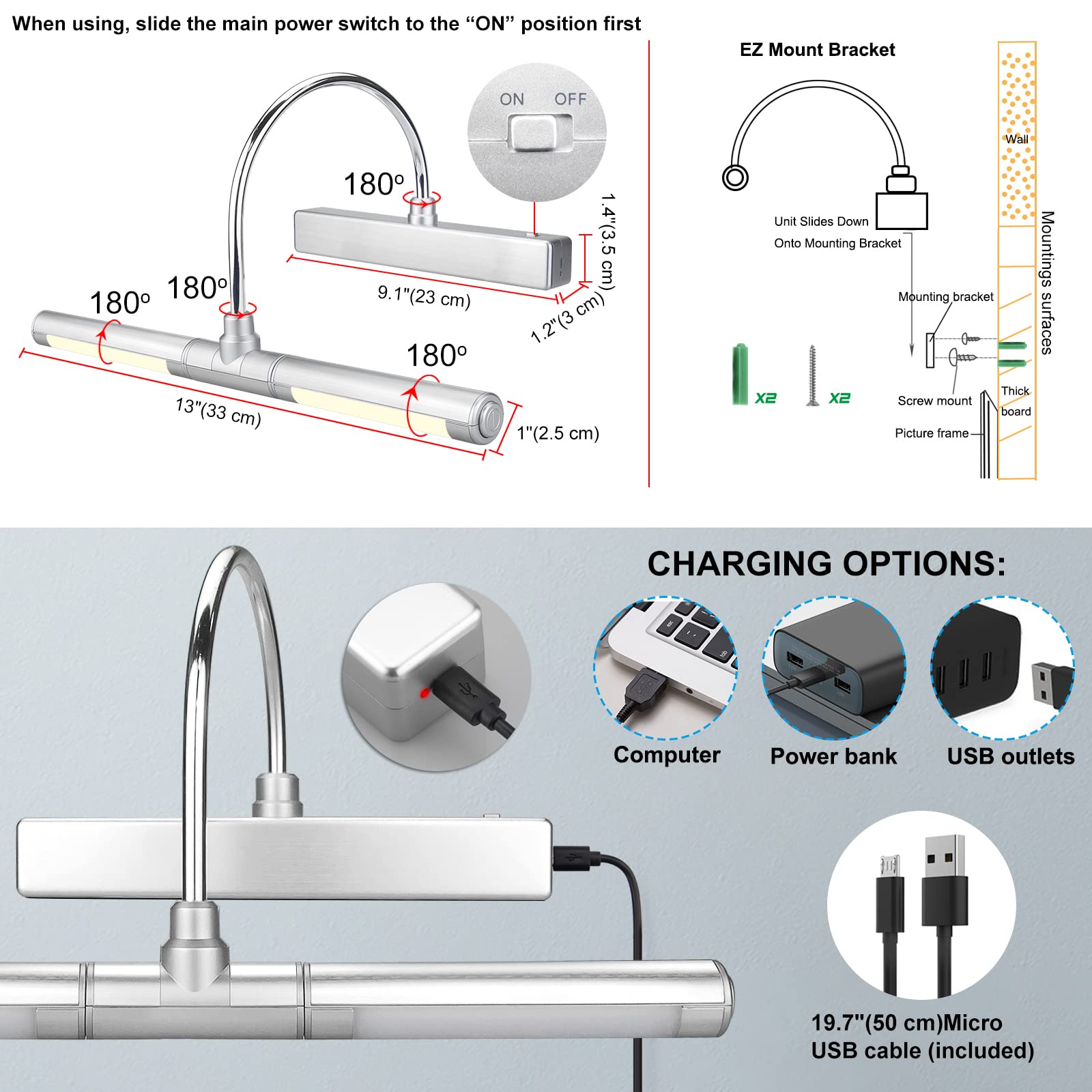 BIGMONAT Luz de imagen Batería Luz recargable inalámbrica para cuadros con control remoto,luz de pared regulable para pintar cuadros, exhibición con 12 cambios de color,4000K 180LM 28 LEDs-Plata