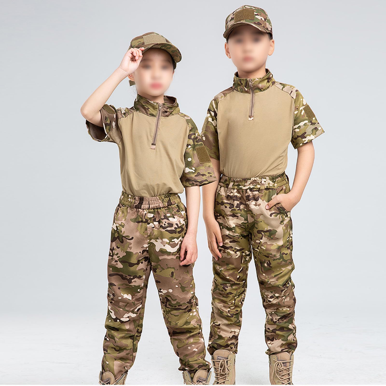Bambini Set di Maglietta e Pantaloni Militare Tattica Estate Airsoft Manica Corta Combattere Escursionismo Caccia Campeggio All'aperto per Bambino Uomo Donne
