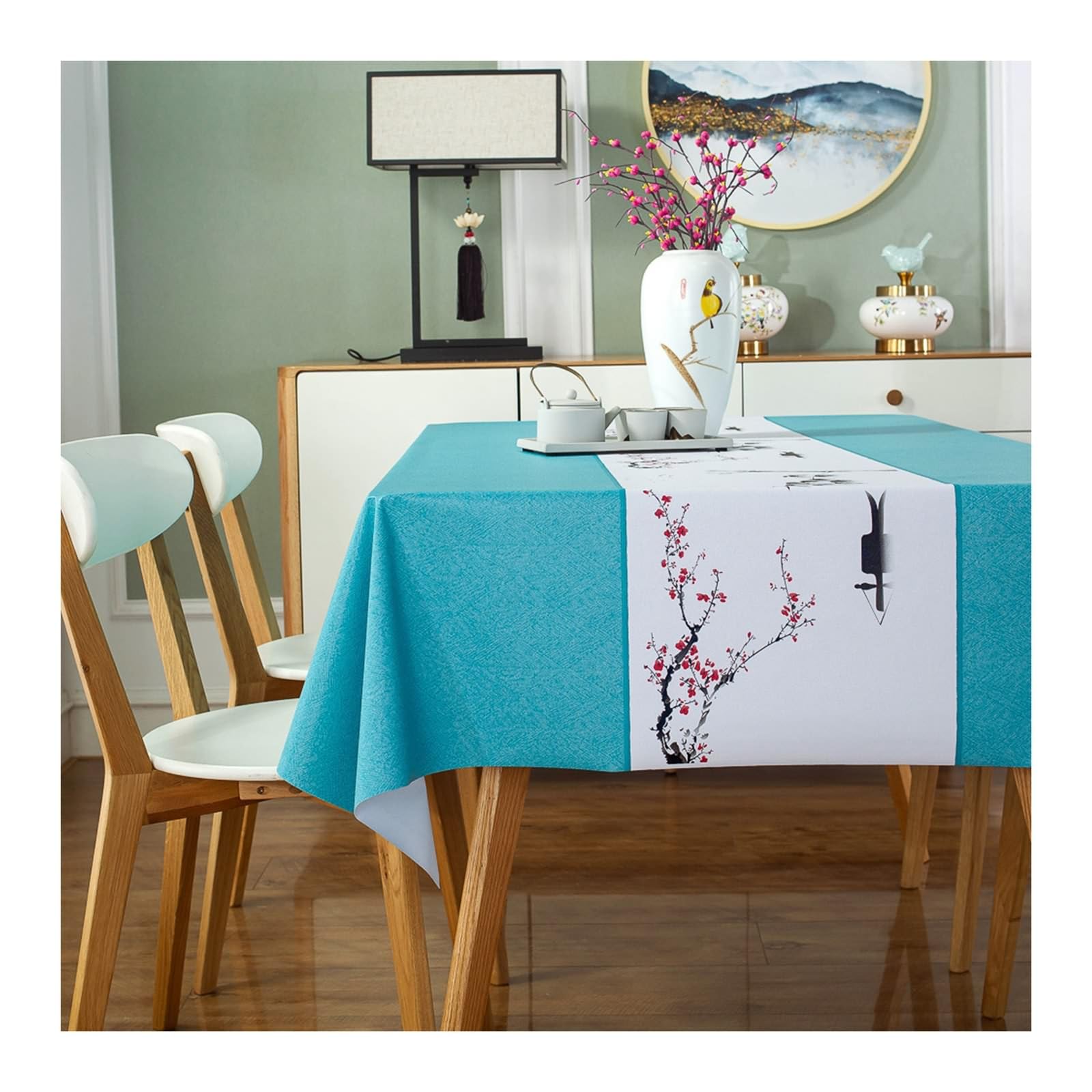 Nappe de table pour salle à manger 140x300 PVC motif fleur de prunier bleu vert