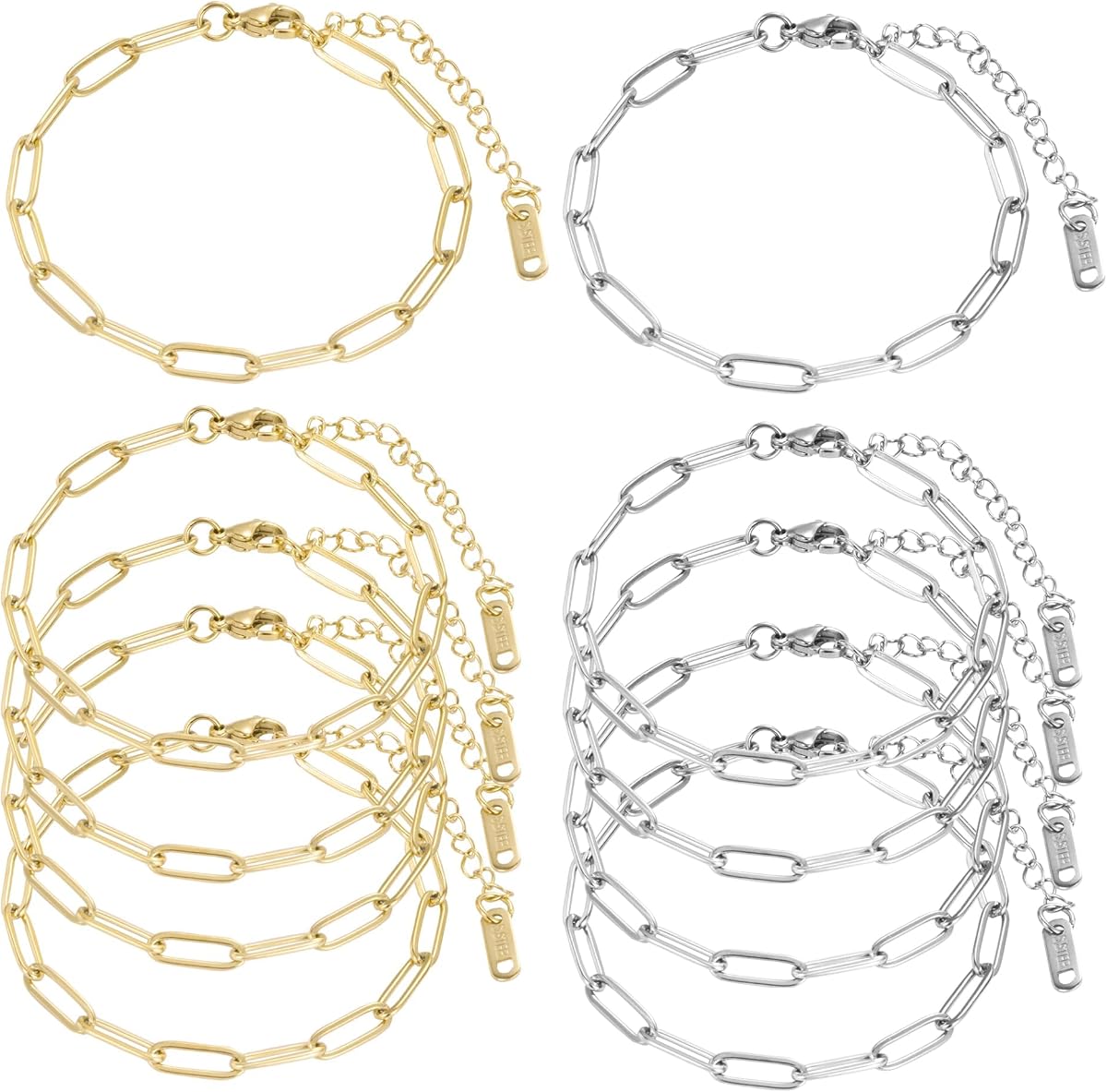 HUISUYTON 18K Gold Plated 10PCS 6.3 Inch Paperclip Charm Bracelet Chain | Stainless Steel Chains with Lobster Clasps Extenser Chain, Adjustable Jewelry Charm for DIY Crafting & Festival Gifts