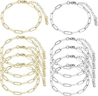 HUISUYTON 10PCS 18K Gold Plated Paperclip Charm Bracelet Chains, 6.3" Adjustable for Jewelry Making Kit & Gifting