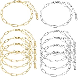 HUISUYTON 10PCS 18K Gold Plated Paperclip Charm Bracelet Chains, 6.3" Adjustable for Jewelry Making Kit & Gifting