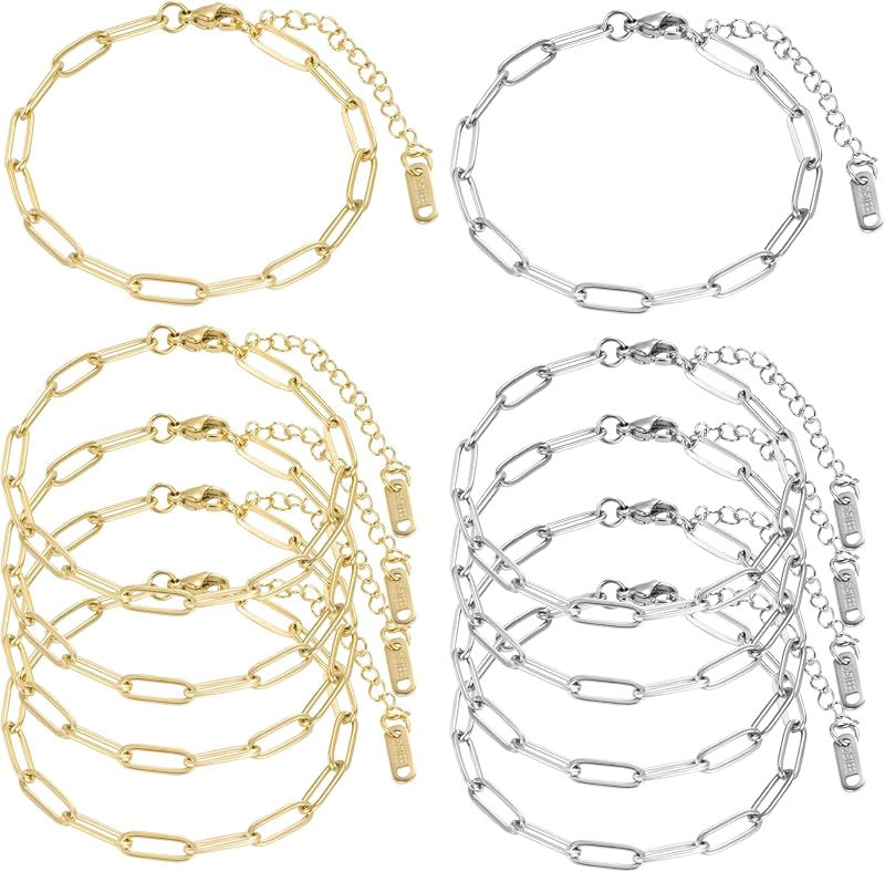 HUISUYTON 18K Gold Plated 10PCS 6.3 Inch Paperclip Charm Bracelet Chain | Stainless Steel Chains with Lobster Clasps Extenser Chain, Adjustable Jewelry Charm for DIY Crafting & Festival Gifts