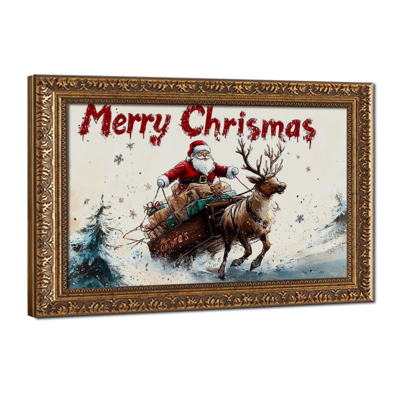 Pyberon Santa Claus Reindeer Sleigh Christmas Canvas Poster for Living Room Decor Gift
