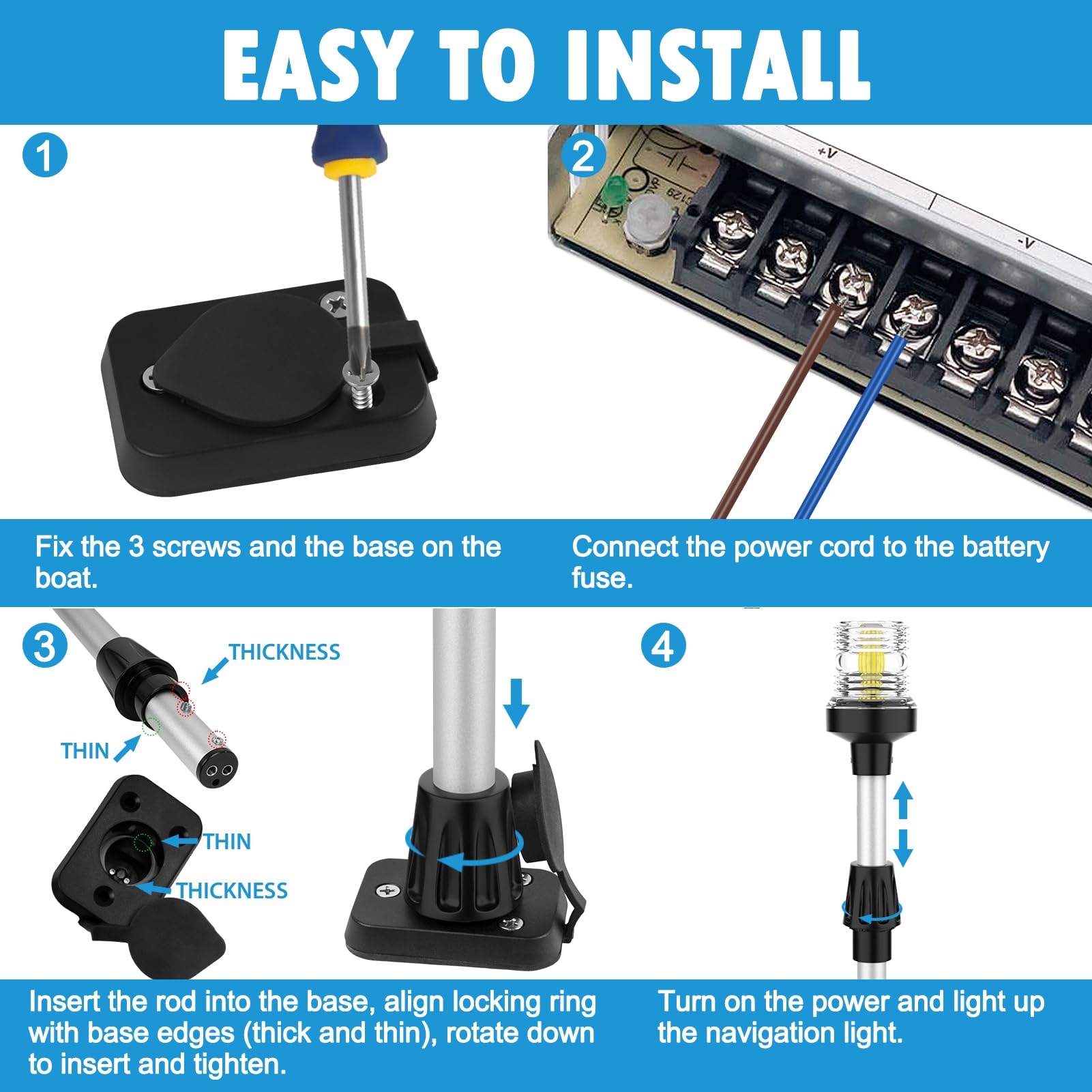 Obcursco Lumières de poupe de bateau, 33 cm 3 NM 360 ° LED d'ancrage avec base, étanchéité IP67, éclairage de navigation 12 V pour ponton, yacht, bar et bateaux de pêche