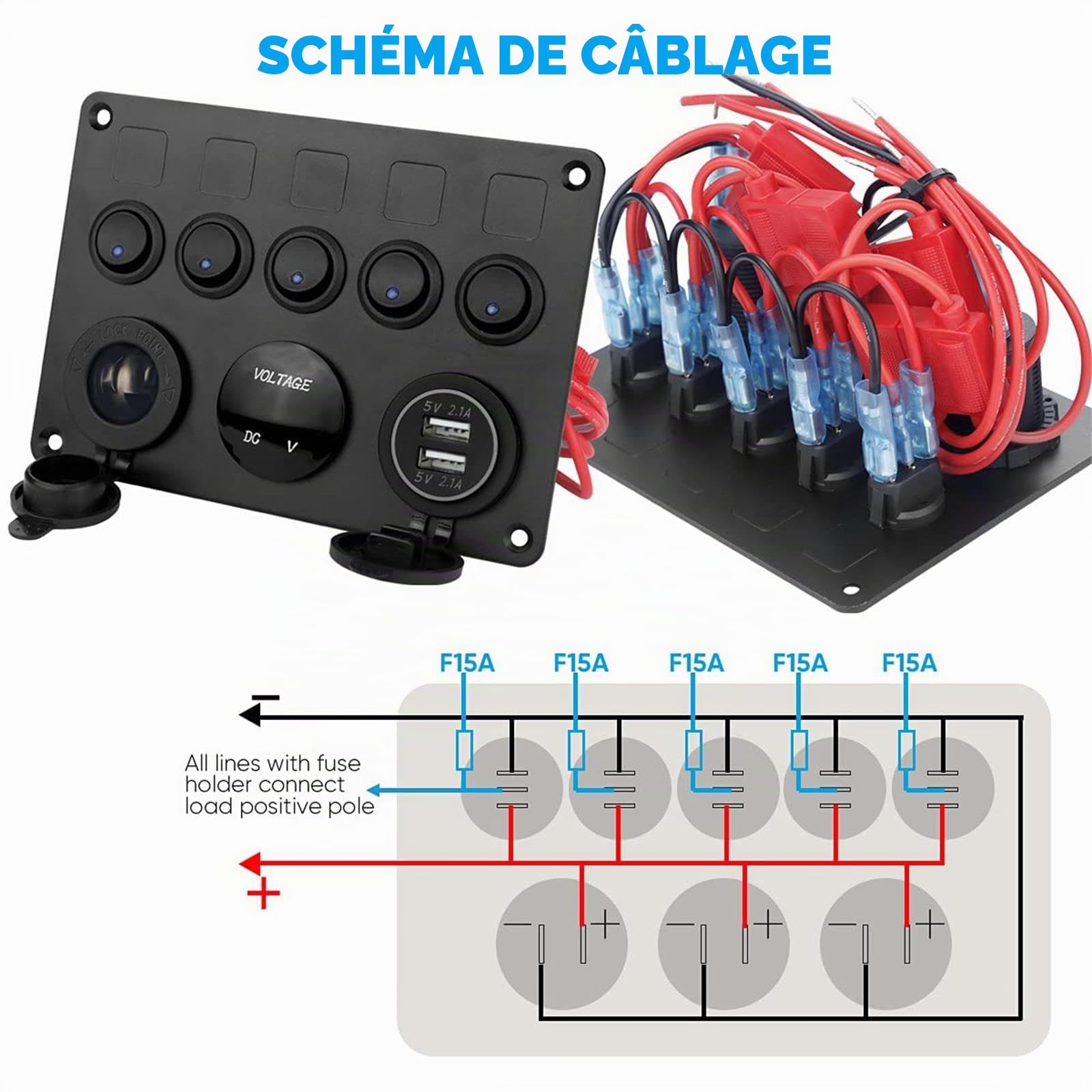 5 Gang Panneau de Commutateur à Bascule 12V 24V Interrupteur à Bascule Étanche IP65 Panneau de Commutateur avec Chargeur Double USB Voltmètre pour Voiture Bateau Camion RV Marine Camping-car