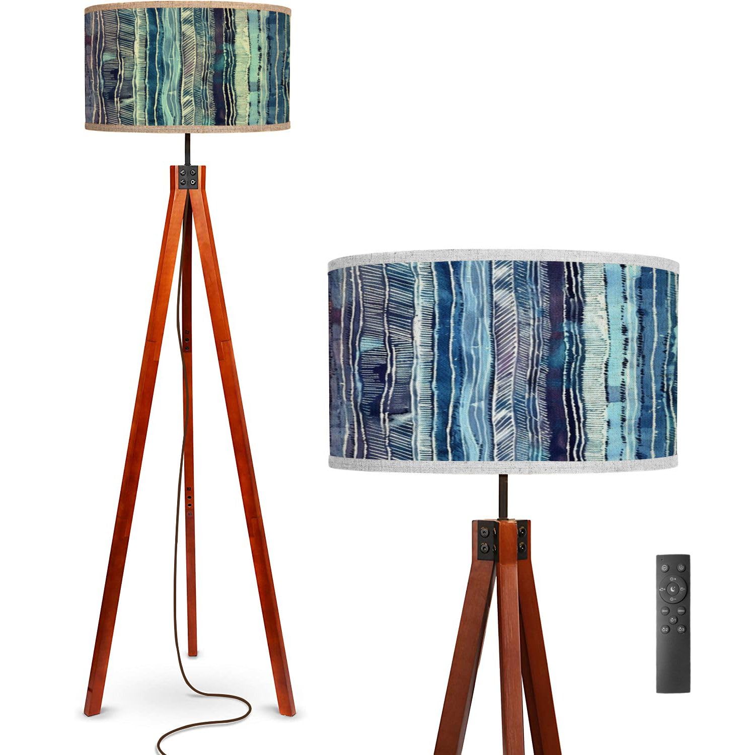 Floor Lamp Specially Designed Space dyed all vertical stripes print Blurry moody Standing Lamp Solid Wood Legs Modern Tall Lamp Tripod Floor Lamp with Flaxen Shade for Living Room, Bedroom, Office