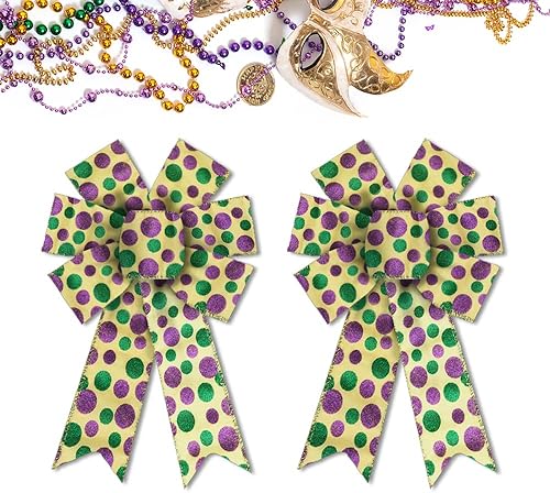 ABTOLS 2 lazos de corona de Mardi Gras, lazos verdes y dorados con purpurina para corona para fiesta de carnaval, lazos decorativos de lentejuelas
