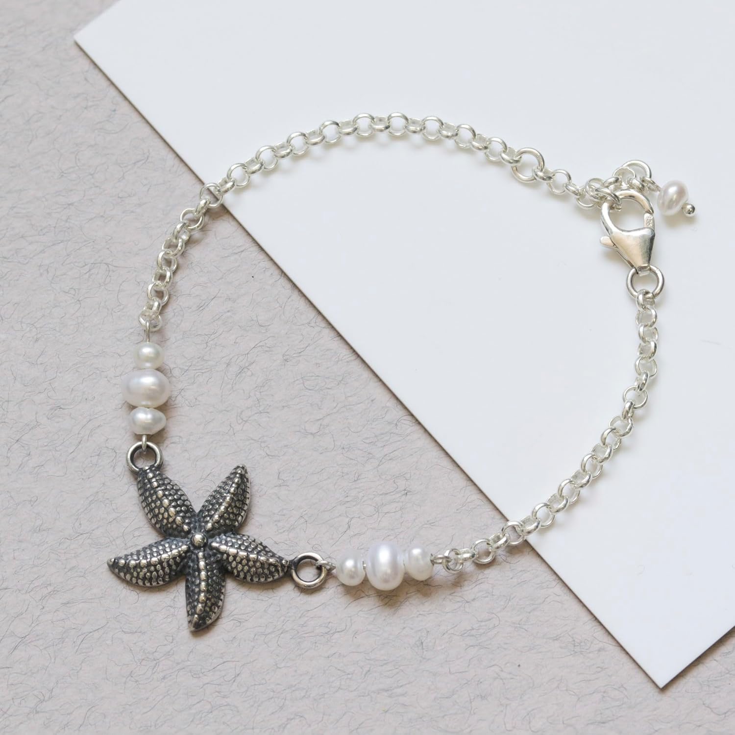 ADITA GOLD 925 Sterling Silver - Pearl Bracelet for Women - 3mm Round Pearls with Starfish Charm - Adjustable 16-18cm Chain - June Birthstone Bracelets for Women - Elegant Pearls Jewelry Gift for Her - Image 3