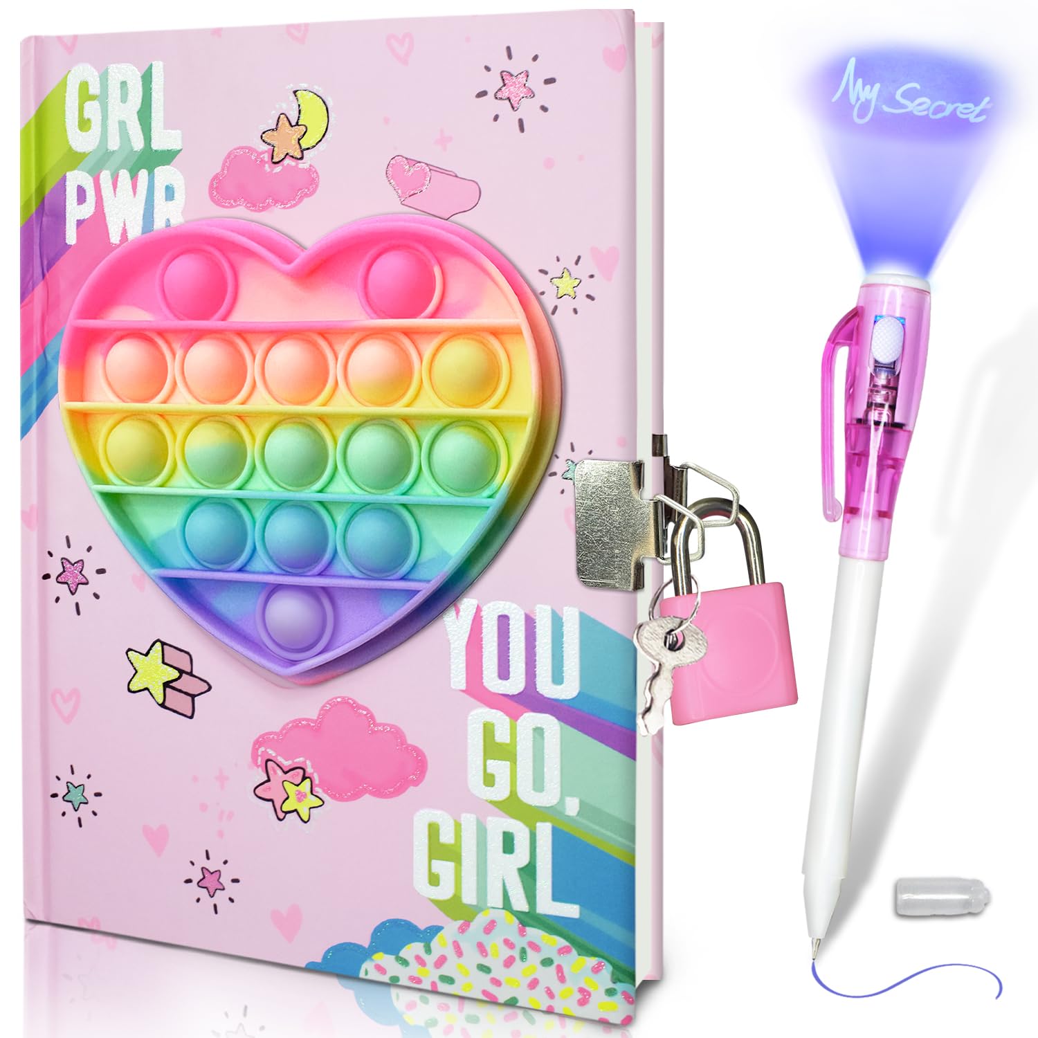 Pop Diario Segreto Bambina con Lucchetto & Penna Invisibile a Doppio Estremo, 80 Fogli a Righe Antistress Cuore Pop Bubble Diario con Lucchetto Bambino Penne Inchiostro Invisibile Regalo Bambina