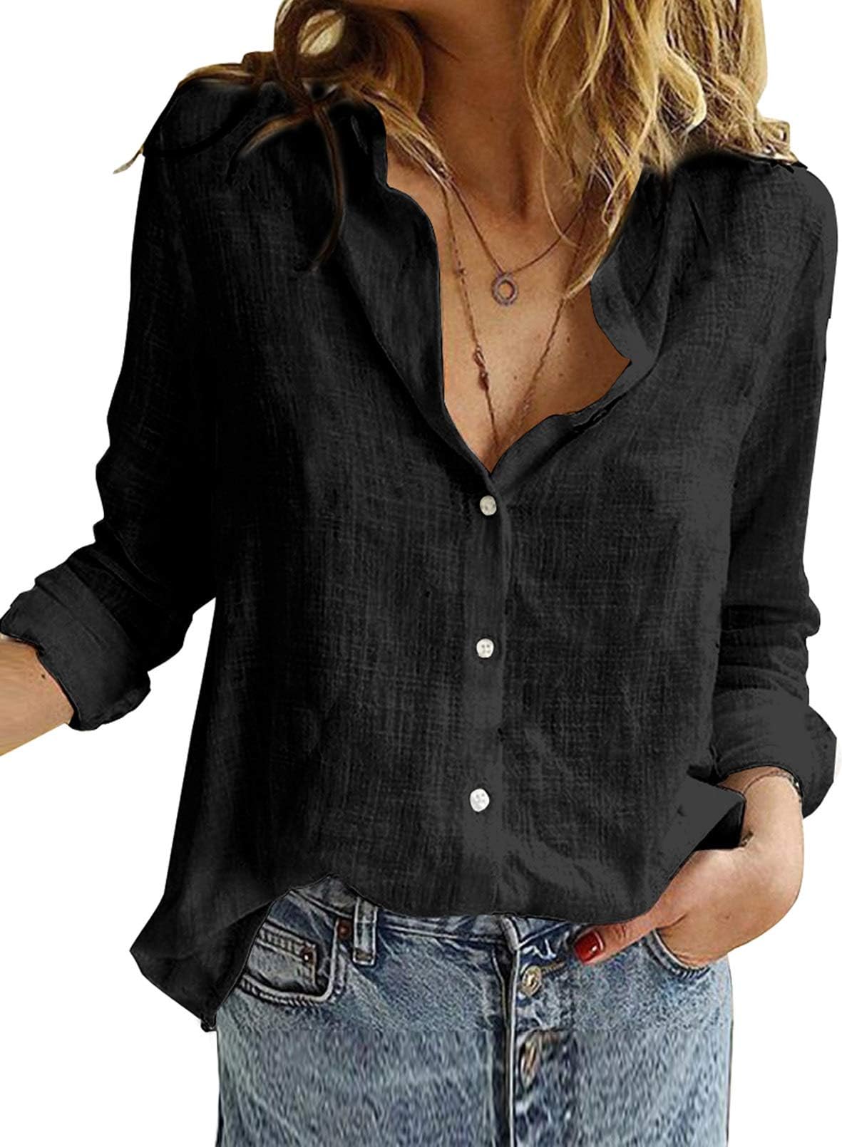Women Casual Blouse Long Sleeve Button Basic Solid Color Shirt Tops