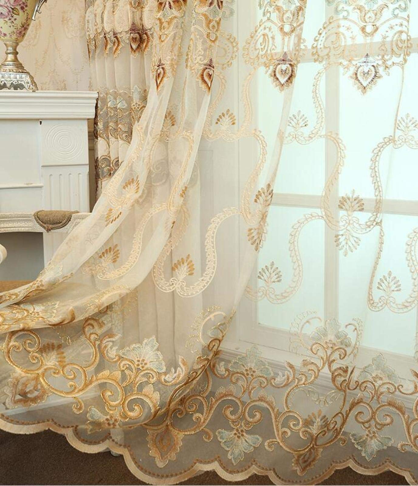 Beżowe zasłony w stylu retro, żagle, kwiatowe, haftowane, delikatna tekstura, styl vintage, żagle, panele do salonu Grommet top-ryż, białe. 300 x 270 cm (118 x 106 cali)