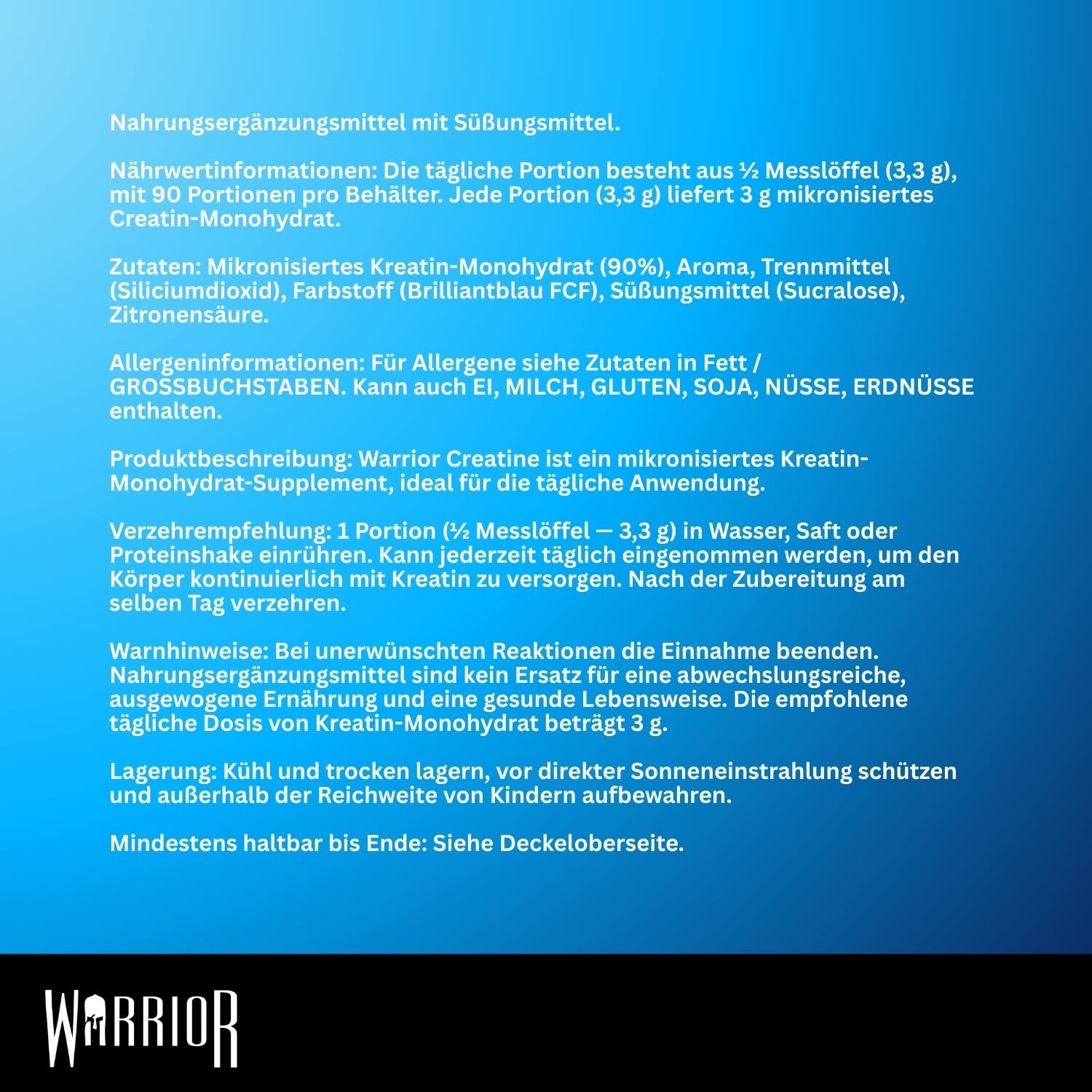Warrior Creatin Monohydrat Pulver 300 g, Kreatin Vegan – Blaue Himbeere 3 g pro Portion, 90 Portionen, mikronisiert, angenehmer Geschmack… – Ansicht 4