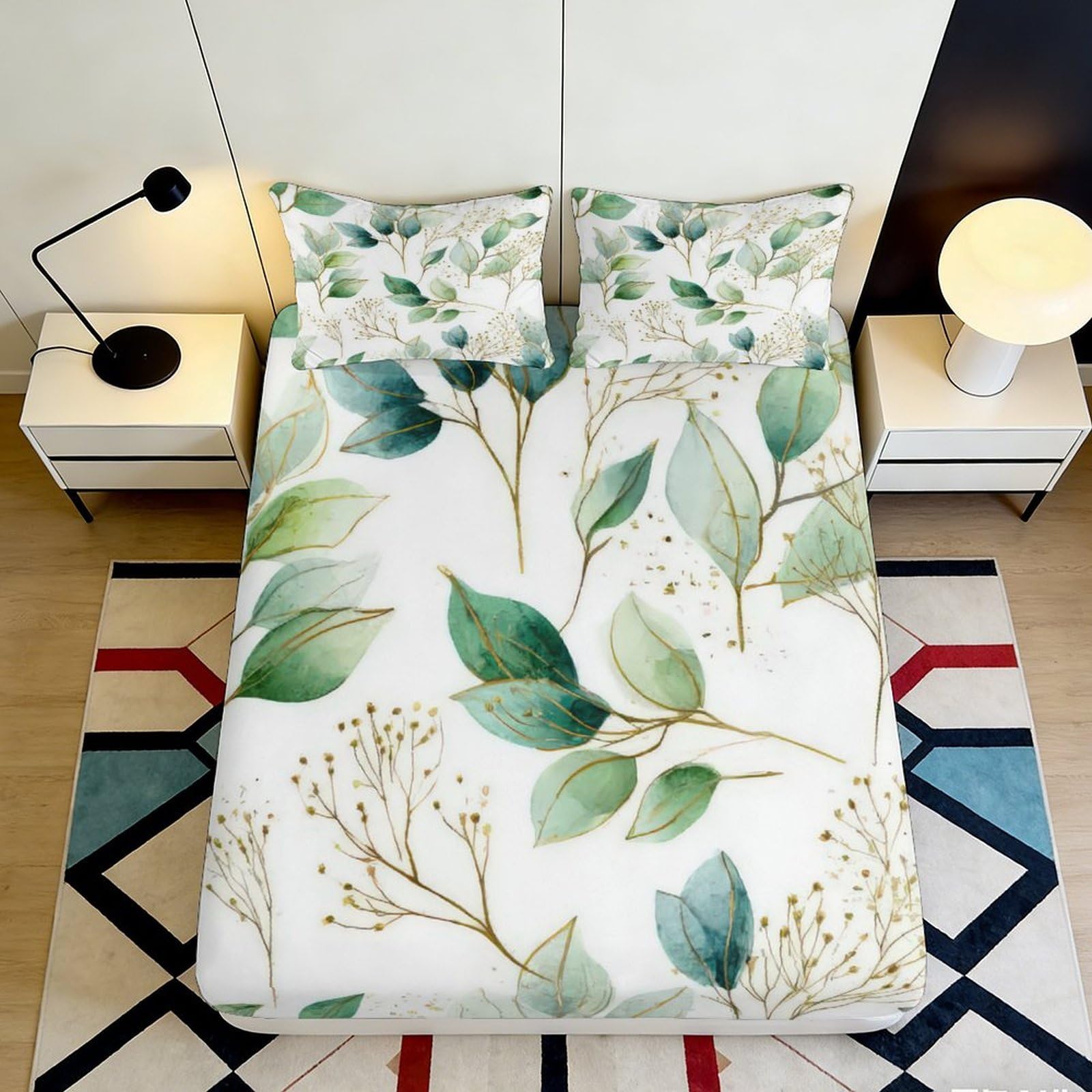 Leaf Decor Fitted Sheet Green Botanical 3D Printed Microfiber, Soft Touch, Bed Sheet, Guest Room Bedding, Wrinkle Resistant, Easy Care, Home Use, Mattress Cover 200x200x25cm