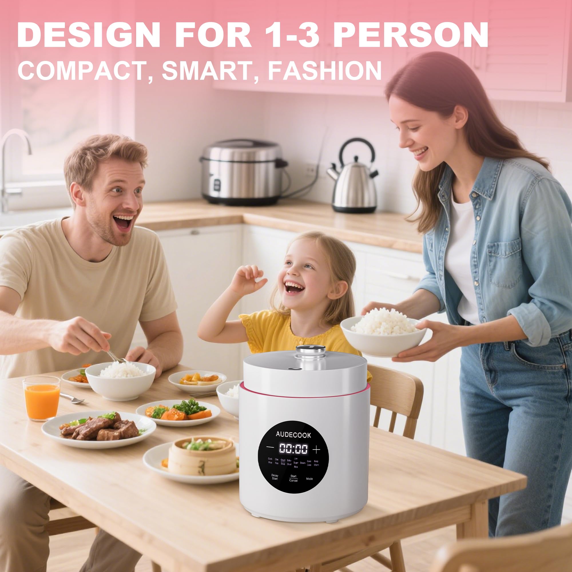 Audecook Kuchenka do ryżu 1,5 l z funkcją niskiego węgla i parownikiem, 7-funkcyjna mini kuchenka do ryżu, cyfrowy multicooker, timer, utrzymywanie ciepła na ekranie LED (biały)