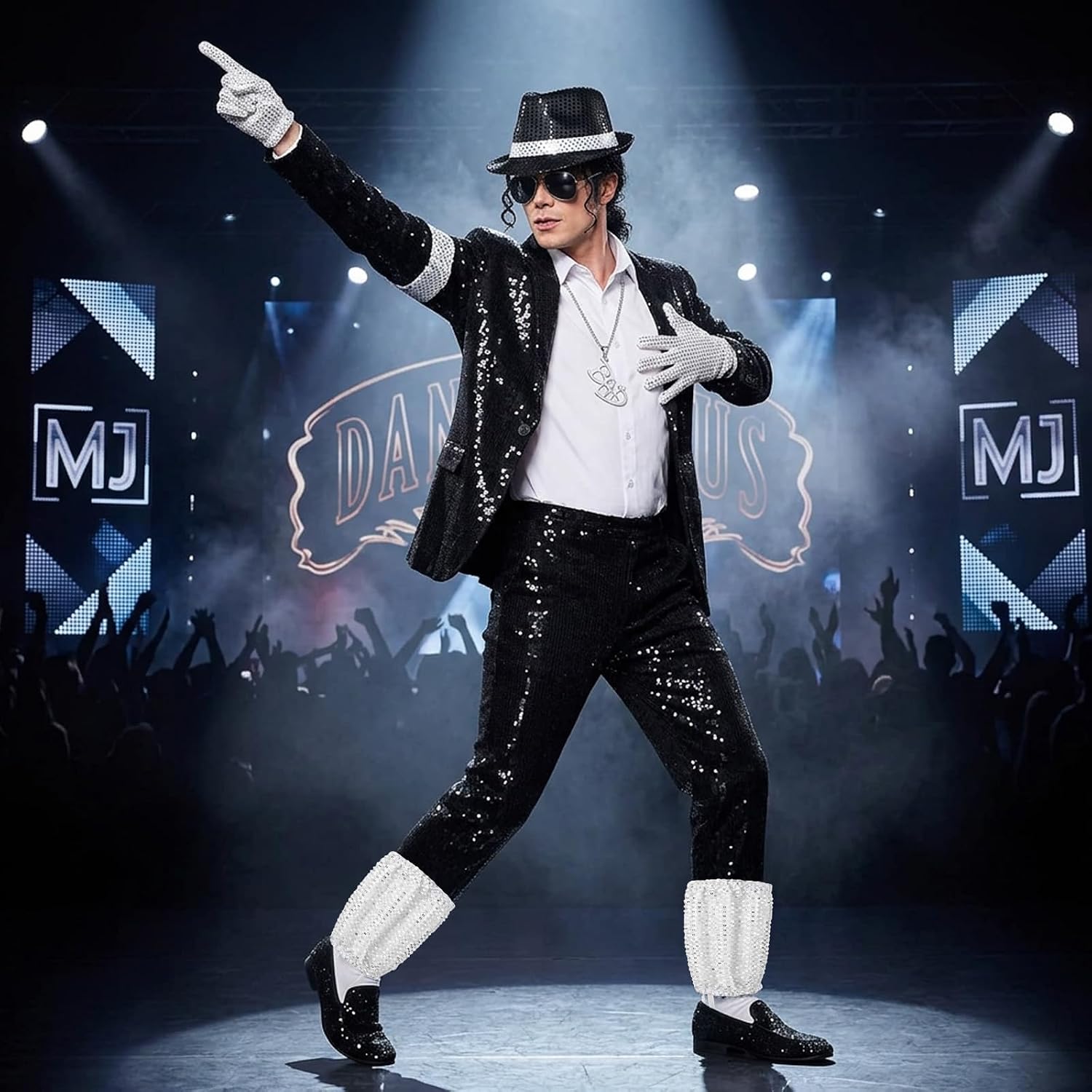 Pop Star Costume 5 Pcs Pop Rockstar Singer Dancer Costume Set for Adult, 70s 80s Pop Stage Sequins Wig Hat Glasses Gloves Leg Sleeves Necklace Costume Accessories for 80s 90s Pop Star Cosplay Party