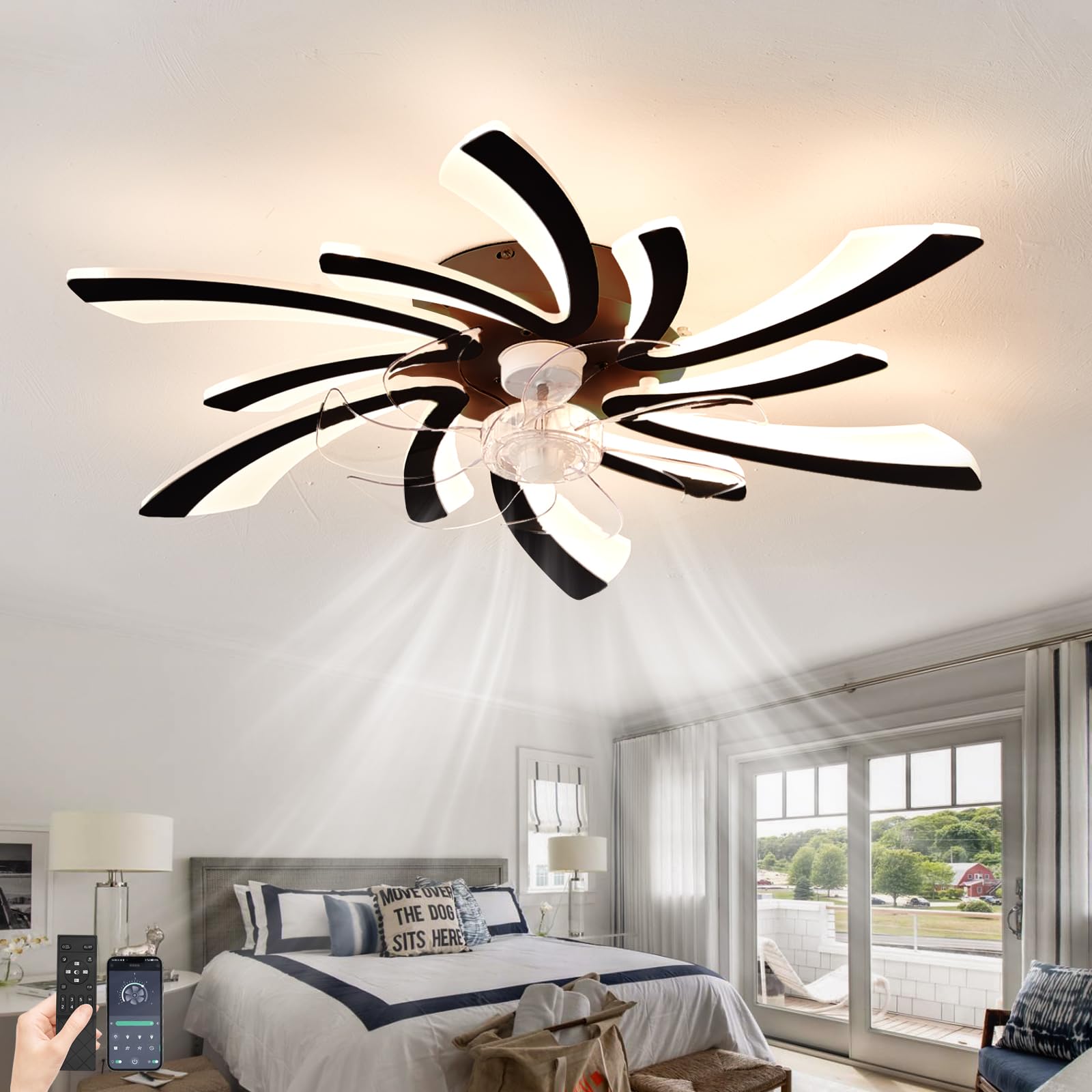 SXDMOUBK Modern Ceiling Fans with Lights 6 Speed Silent Dimmable Light with Fan Reversible Remote Control Light Fan Ceiling Black Fan Lights Bedroom LED 60w Dc Reversible Motor Living Room