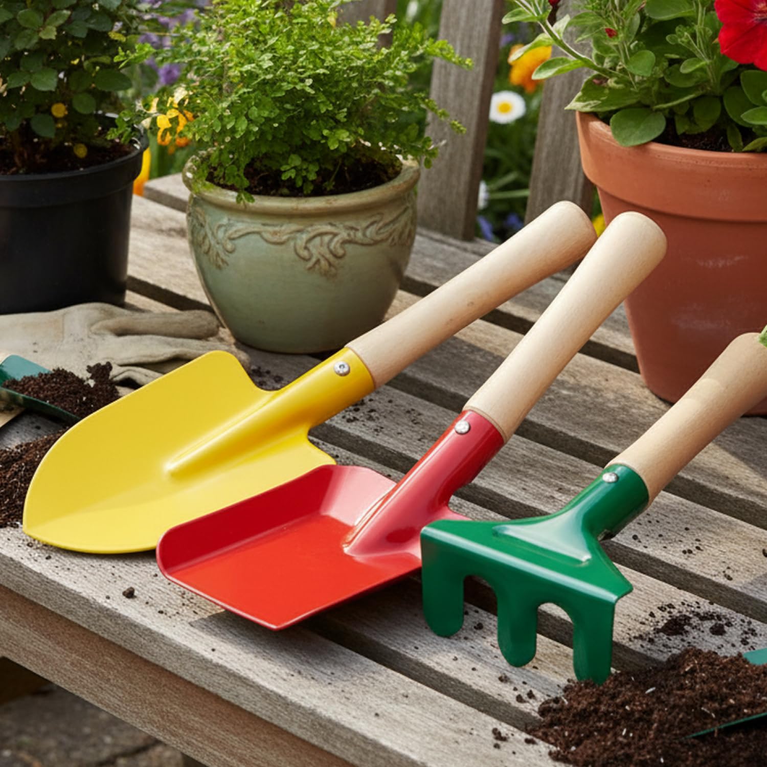 set attrezzi giardino 6 pezzi, mini utensili per balcone terrazza, kit per piantare con paletta trapiantatore rastrello, accessori per vaso aiuola (Set da 6 pezzi)