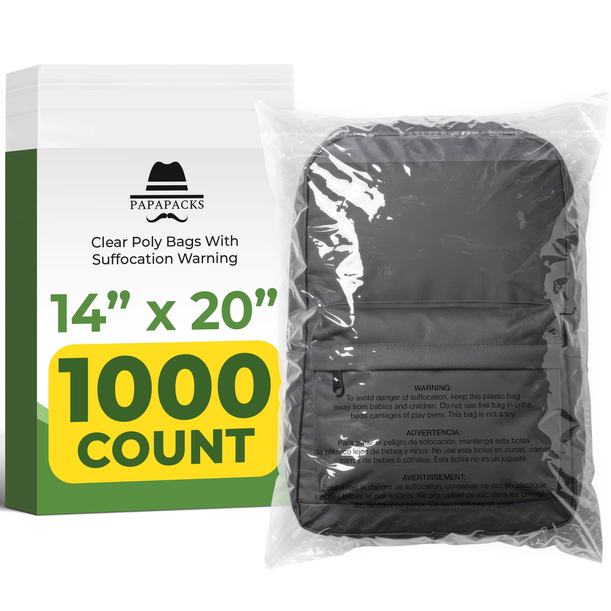 Papapacks 14"x20" (1000 Pack) Clear Poly Bags with Suffocation Warning – Self‑Seal for Shipping, Storage, Packaging, Clothing, Shirts