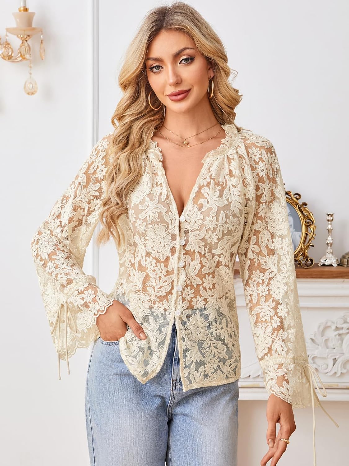 Lace Tops for Women Long Sleeve See Through Sexy Mesh Crop Top Shirt Floral Embroidered Button Blouse for Women - Image 3