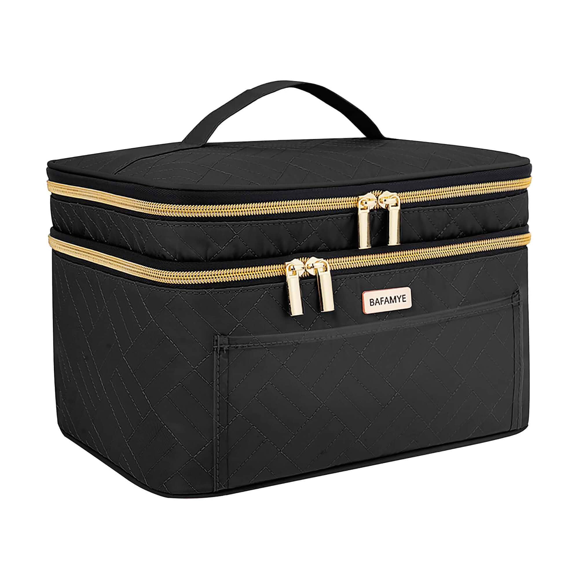 BAFAMYE 8.8L Double Layer Travel Makeup Bag Women, Large Cosmetic Case, Organizer for Travel-Size Accessories Bottles, Brushes, and Skin Care Products, Black 2.33 GALSolid