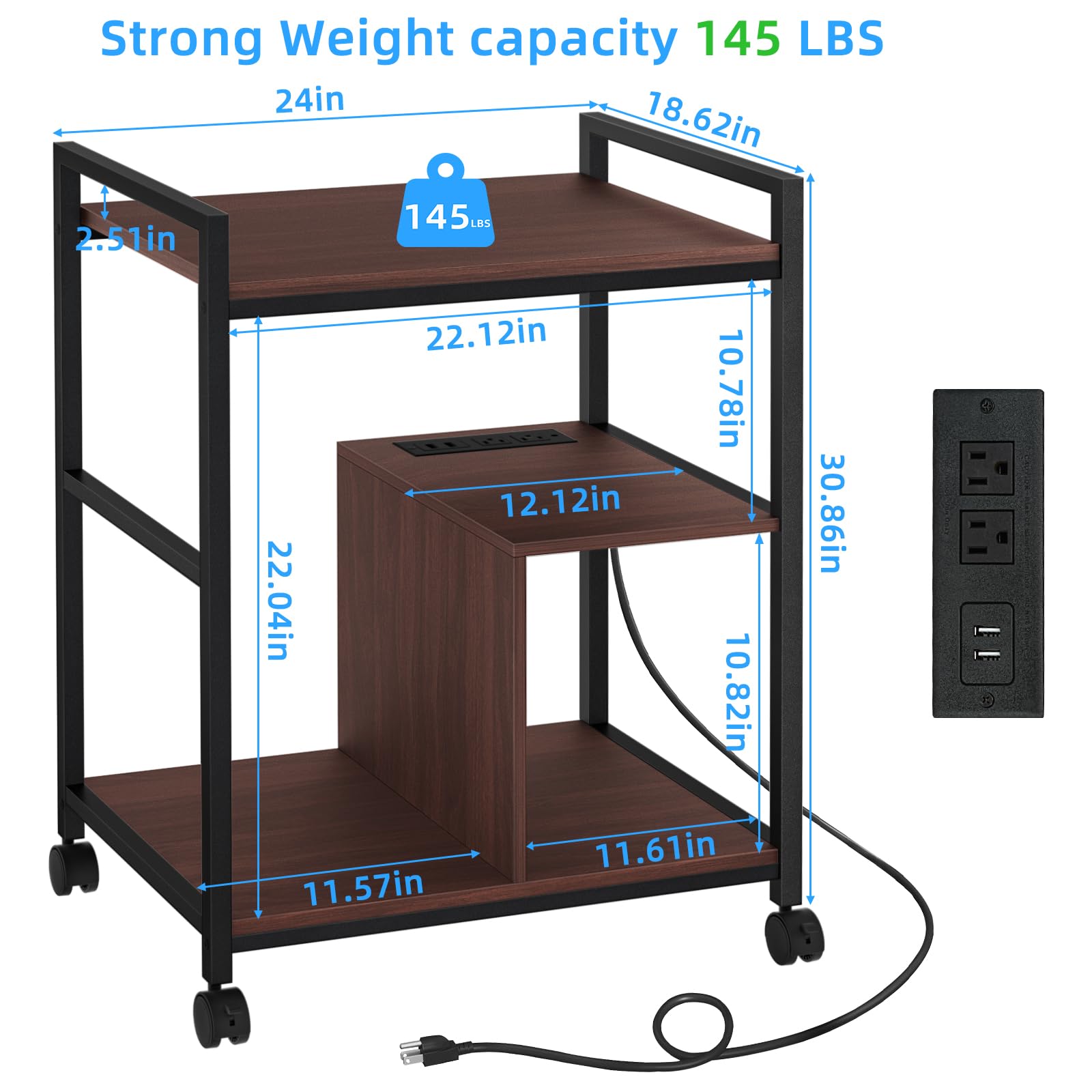 Lerliuo Support d'imprimante avec station de charge et ports USB, grande table d'imprimante mobile à 3 niveaux avec étagère de rangement, chariot d'imprimante industriel roulant en noyer avec roues