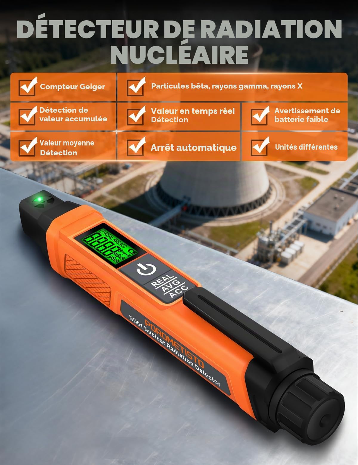 Détecteur de rayonnement nucléaire Portable avec alarme sonore et visuelle, dosimètre de rayonnement à unités de dosage commutées, Compteur Geiger Rayons ND01 pour Beta β Gamma γ X-ray