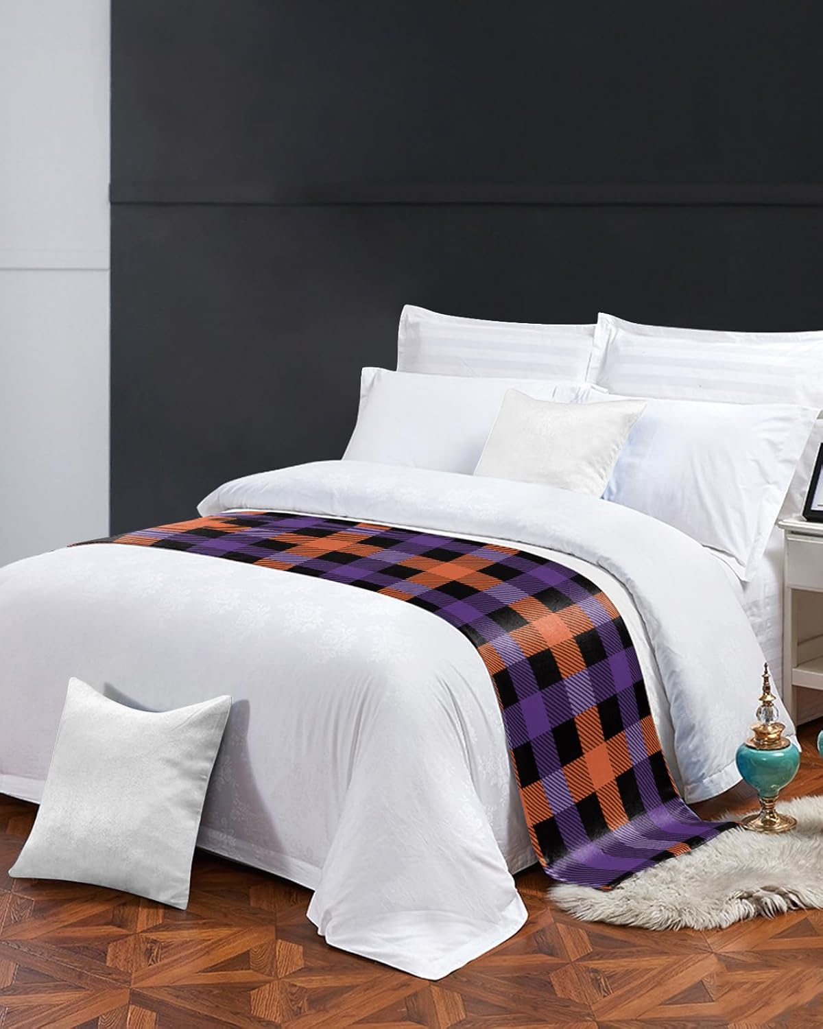 Teamery Bed Runners & Scarves, Halloween Purple and Orange Lattice Bed Runner, Bed Scarf Protector Decorative Accent Bedding Scarf for Hotels Homes and Guestrooms, 102 x 20 inches