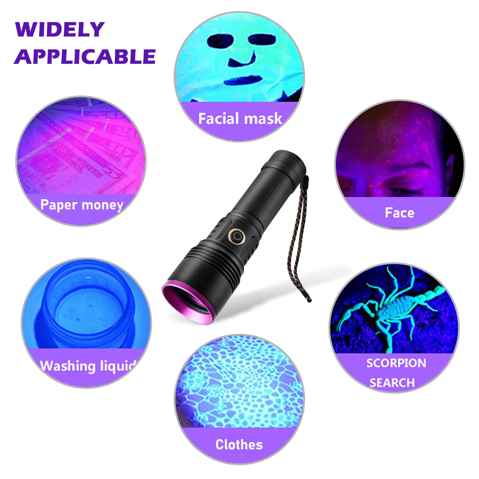 SUNOYA UV Taschenlampe 365nm 20W – Schwarzlicht Taschenlampe USB Wiederaufladbar, UV Lampe für Bernstein, Haustierurin, Epoxidharz, Mineralien, Fleckenerkennung