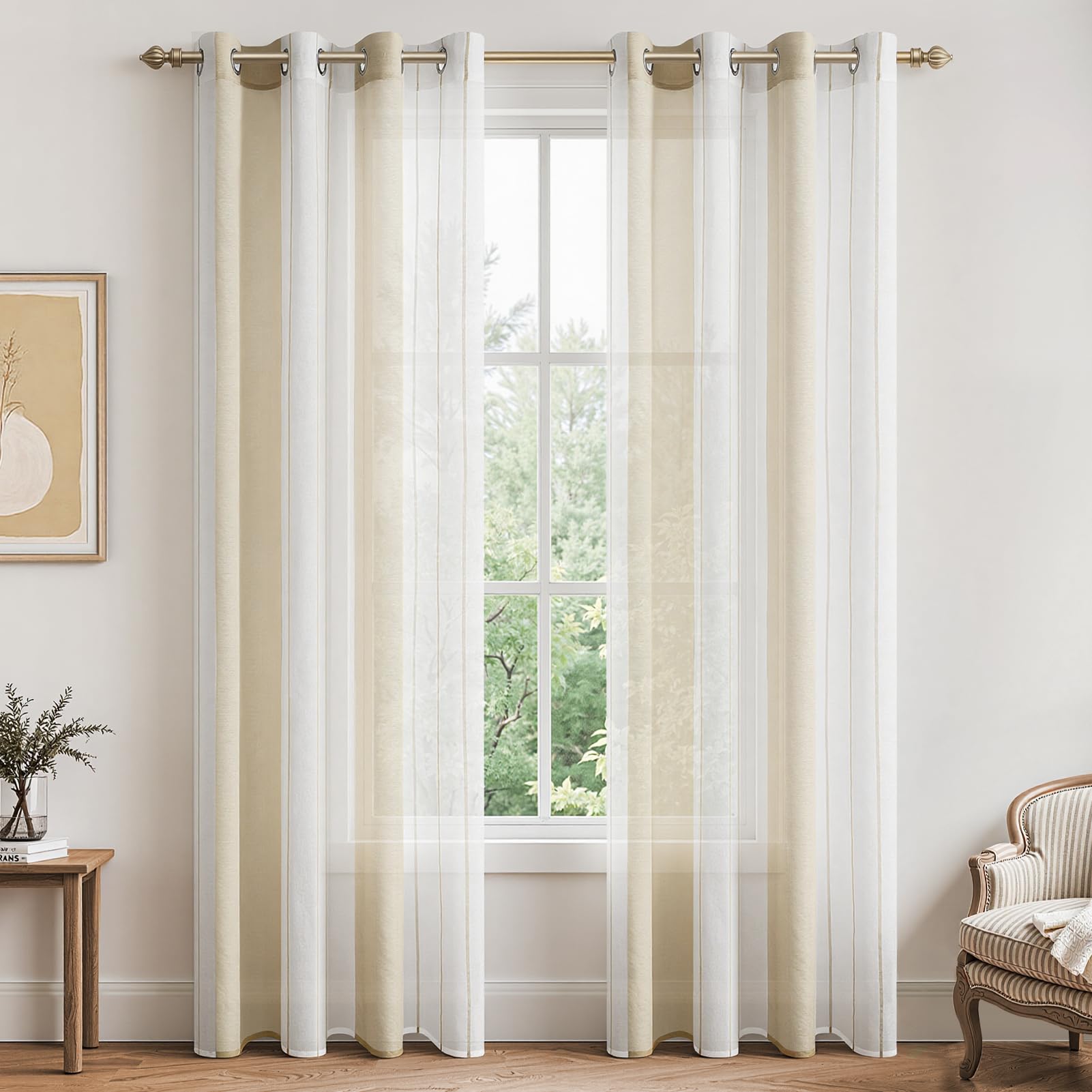 MRTREES 2 Pieces Modern Bedroom Striped Translucent Curtains 140 x 245 cm with Eyelets for Windows, Bedroom, Children, Living Room, Kitchen, Dining Room, Bathroom, Beige + White Global Recycled Standard Global Recycled Standard Global Recycled Standard