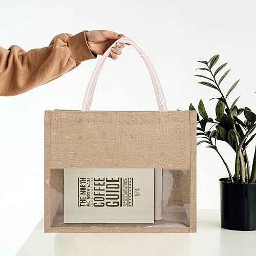 Miniatura 6 de TOPTIE 6 bolsas de arpillera con ventana de película de PVC transparente, bolsa de playa de yute reutilizable a granel