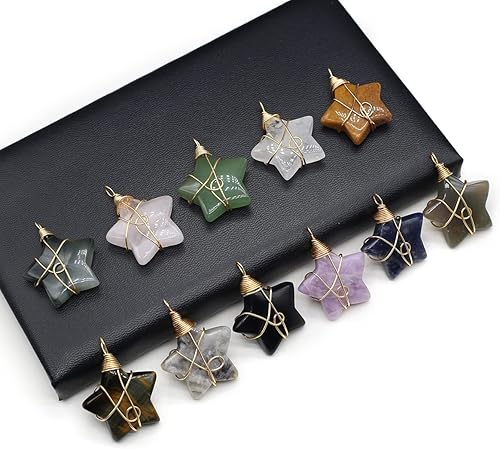 Miniatura 5 de QSLLER 5 piezas de piedra natural colgante de estrella hecho a mano de cobre enrollado amatista ágata ojo de tigre curativo piedra de cristal