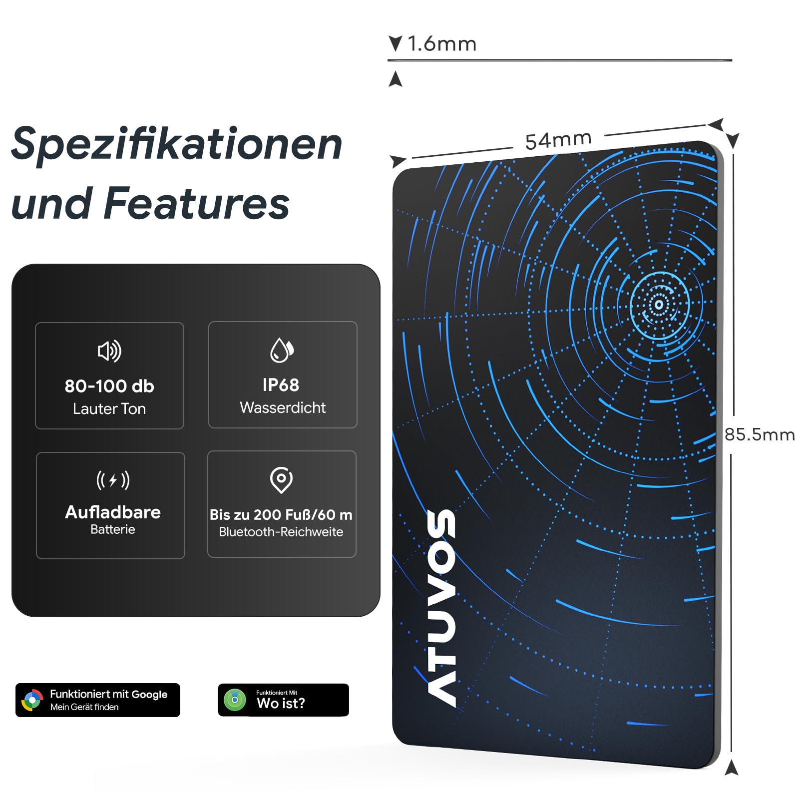 ATUVOS Neu Dual-System Air Tag Karte Pro für Android & iOS, Wiederaufladbarer Wallet Tracker Card Kompatibel mit Google Mein Gerät Finden or Apple Wo ist? App, Gegenstände-Finder, Thin 1.6mm 2er Pack